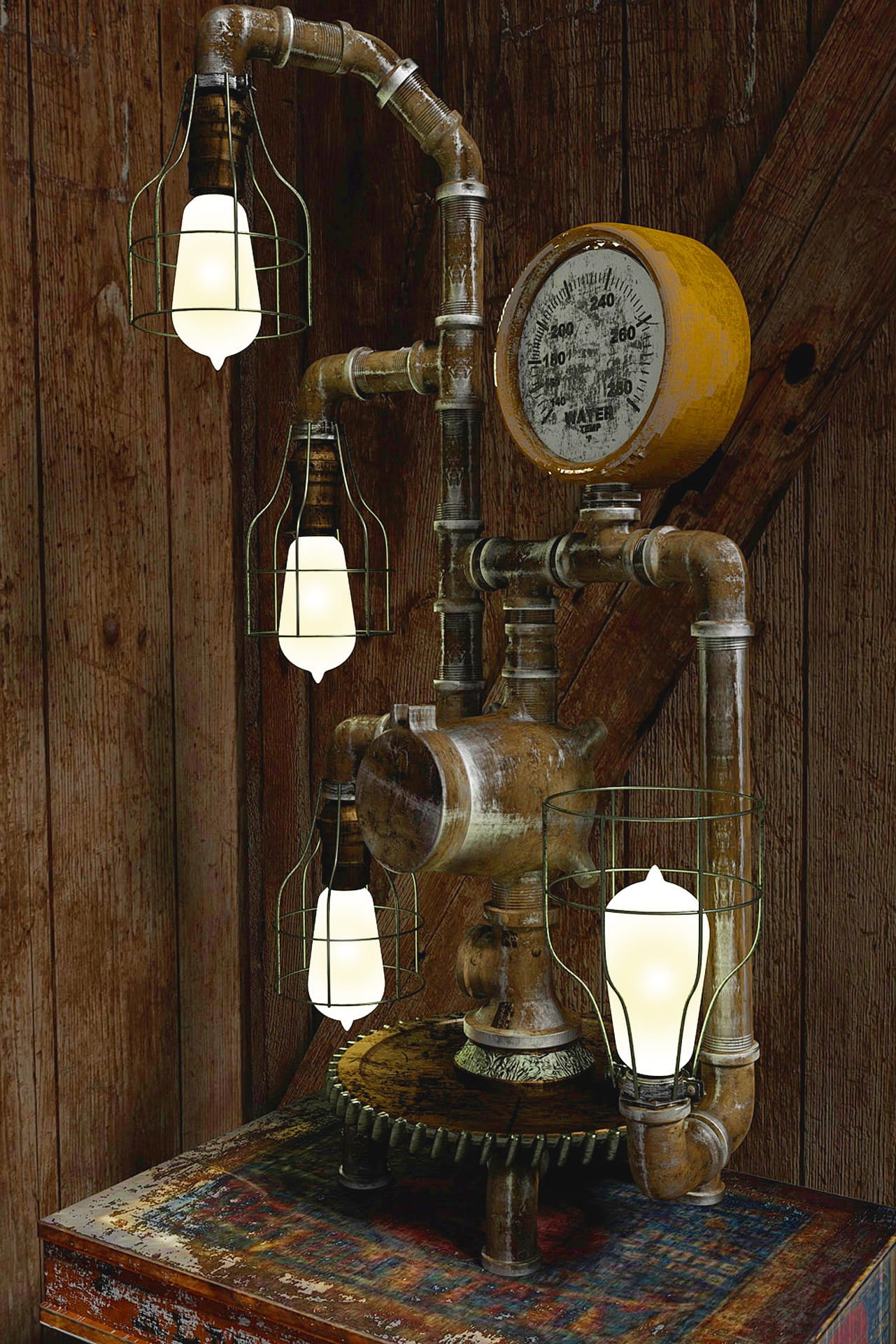 lamp, illuminated, retro styled, pipes, container, steampunk lamp, old, 1080P, gear, no people, electric lamp, indoors, industrial, iron, antique, vintage, Phone HD Wallpaper