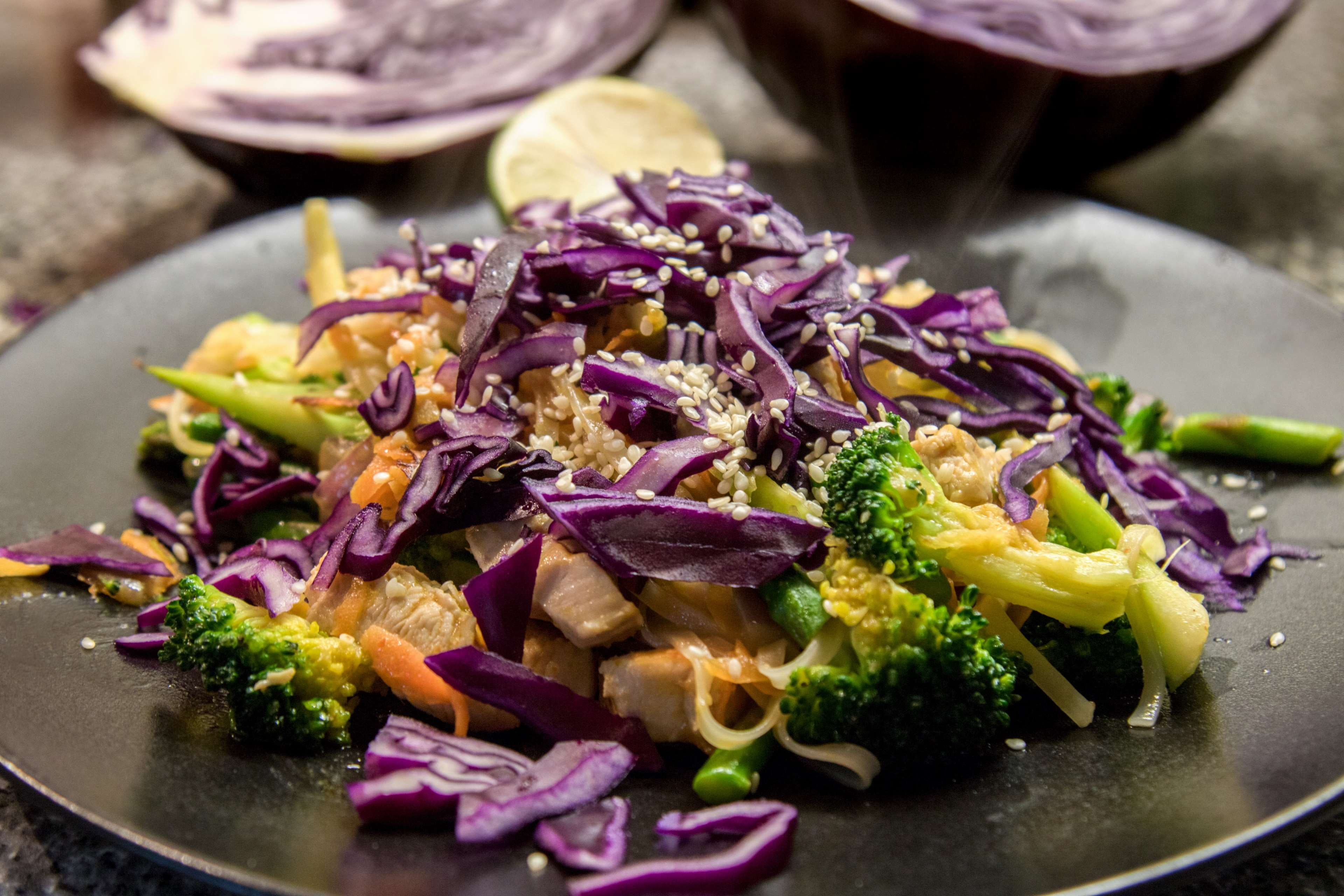 healthy eating, salad, meal, 4K, selective focus, thai, flower, focus on foreground, stir fry, purple, homemade, red, close-up, dish, asian, stir fried, HD Wallpaper