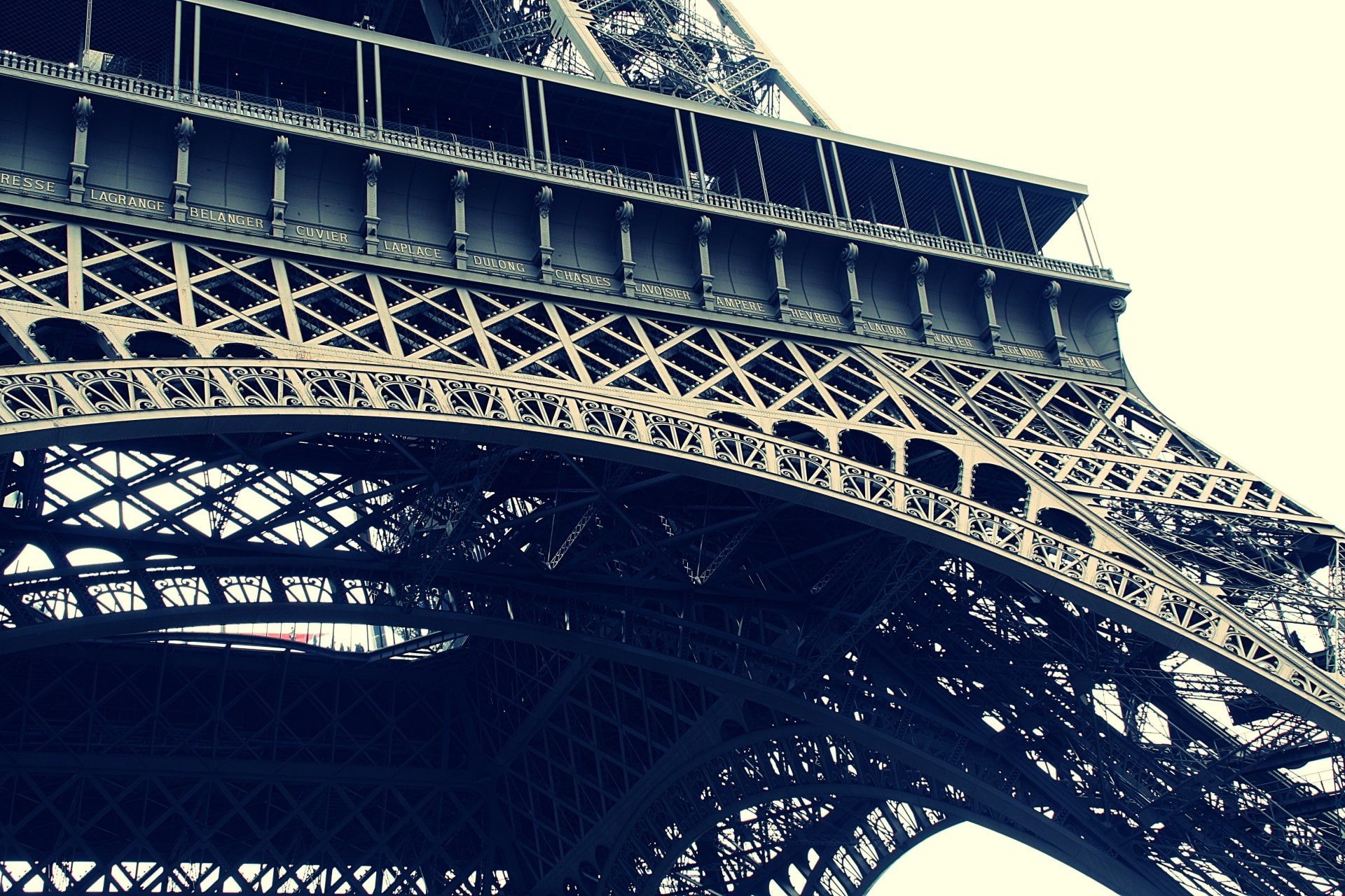 transportation, day, tower, bridge - man made structure, connection, building exterior, low angle view, bridge, pattern, 1080P, no people, Eiffel Tower, HD Wallpaper