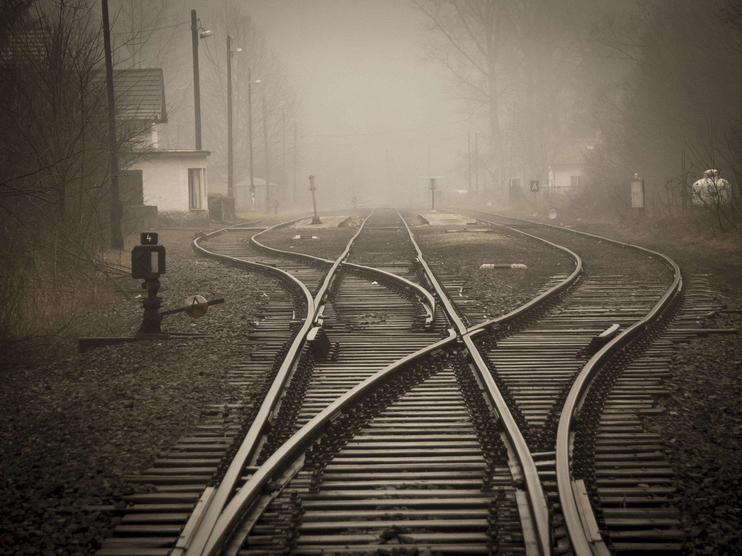 public transportation, lane, steel, train, light, day, rails, diminishing perspective, 2K, outdoors, transportation, railroad track, fog, tree, direction, HD Wallpaper