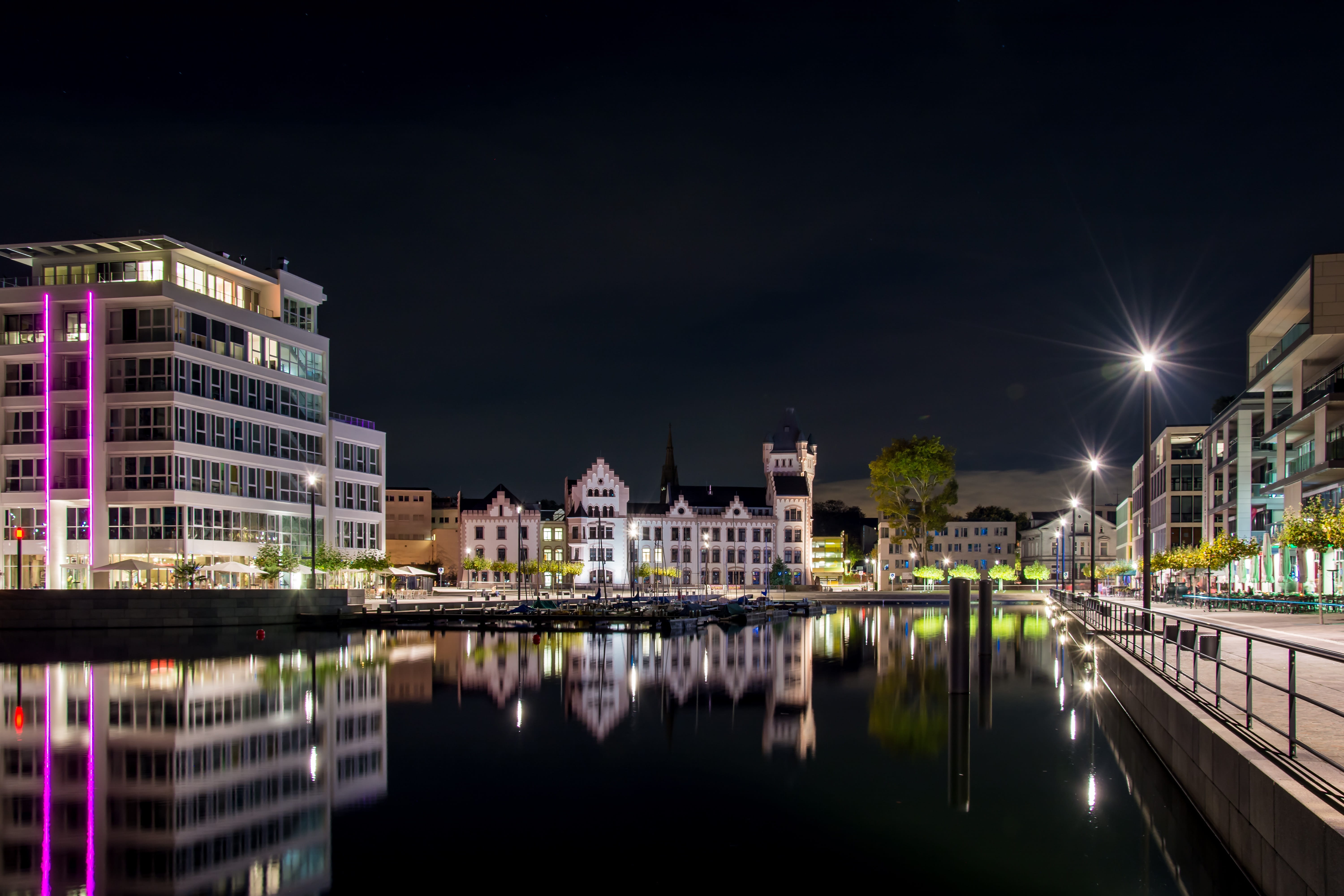 cityscape, street, river, building exterior, sky, City, Dortmund, outdoors, waterfront, travel destinations, homes, built structure, night, transportation, HD Wallpaper