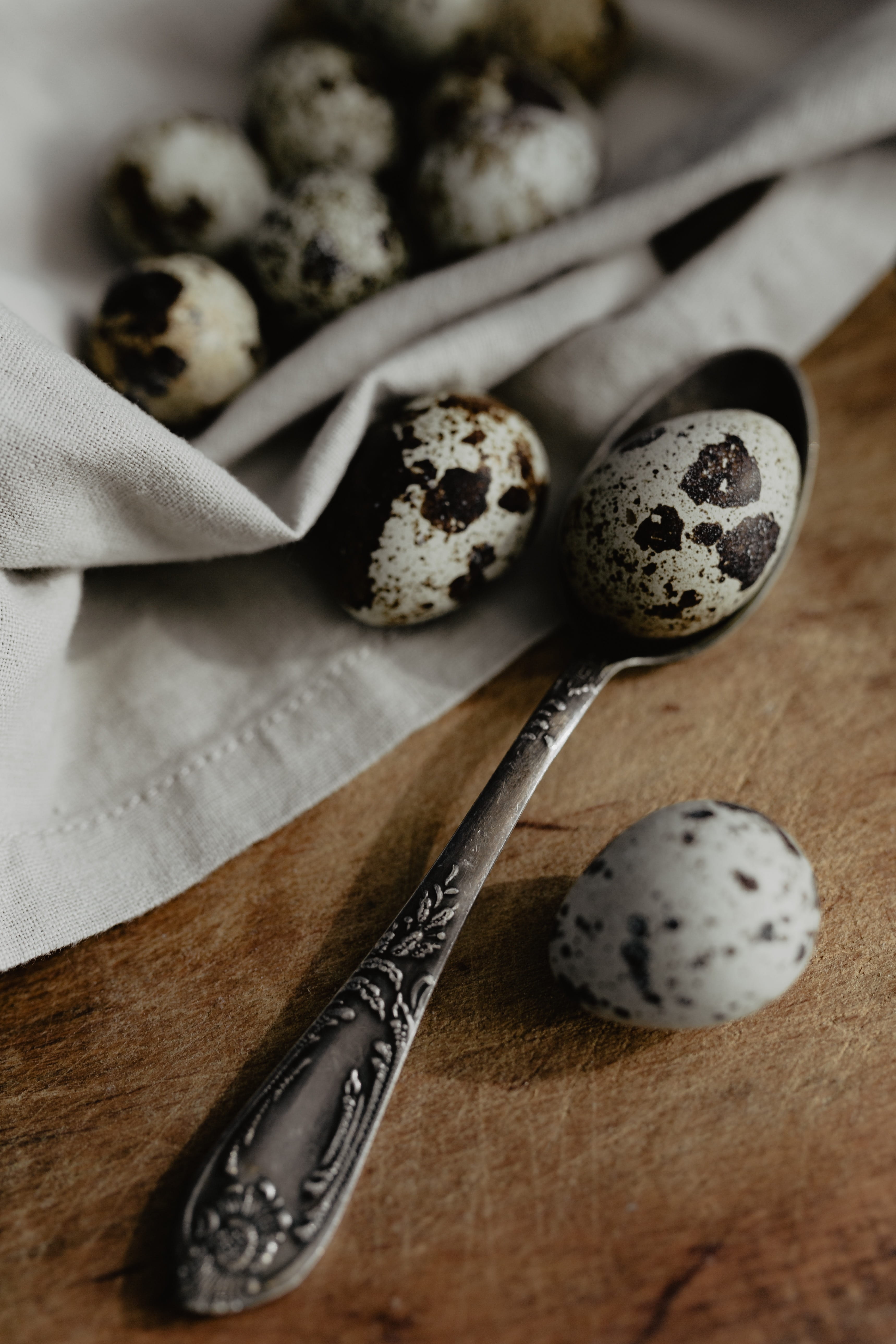 eggs, close-up, no people, still life, wellbeing, healthy eating, 5K, high angle view, variation, selective focus, table, food, spoon, group of objects, Phone HD Wallpaper