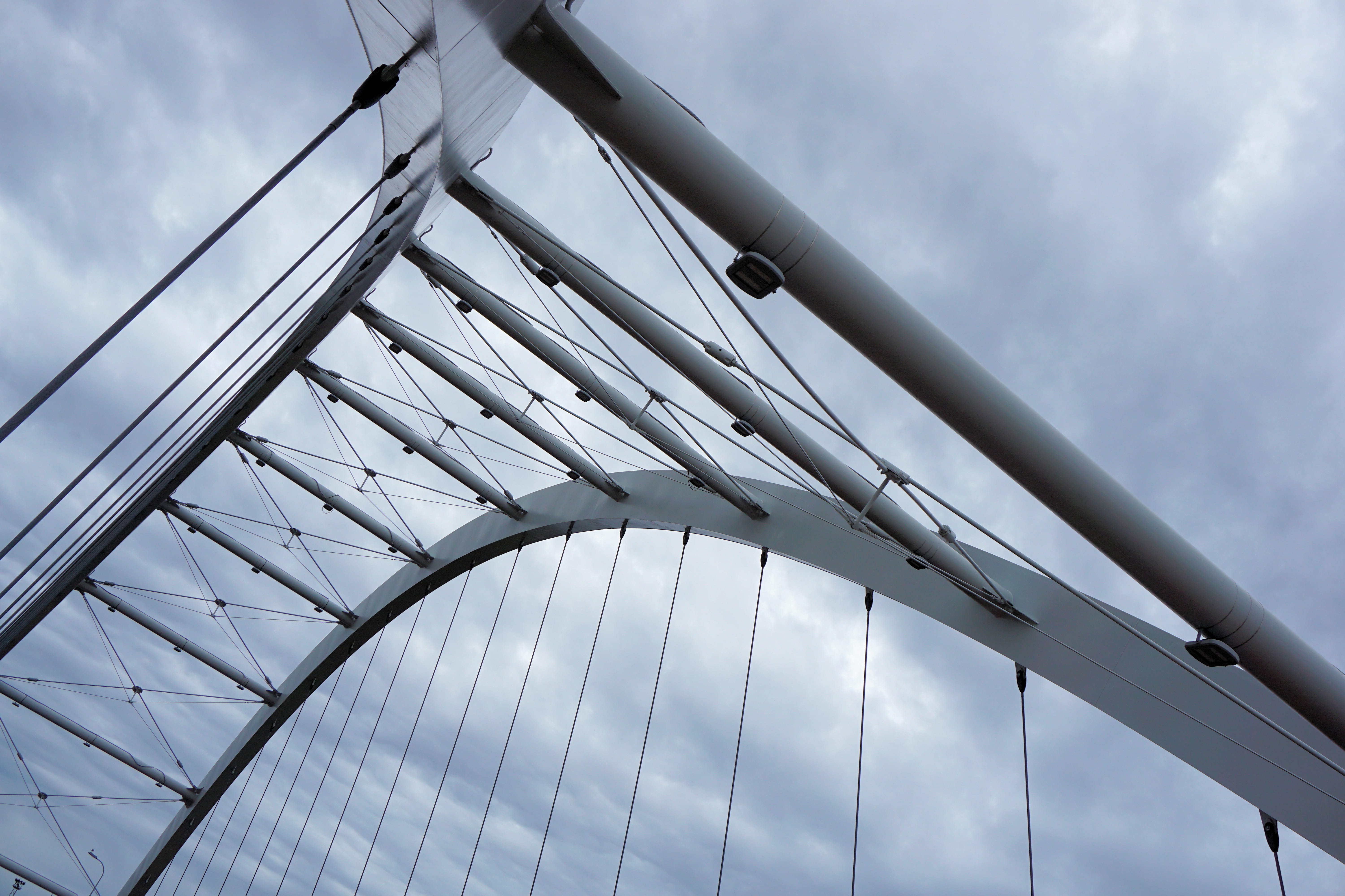 day, sky, design, iron, suspension bridge, steel, architecture, contemporary, connection, nature, low angle view, worm, eye, 5K, bridge - man made structure, HD Wallpaper
