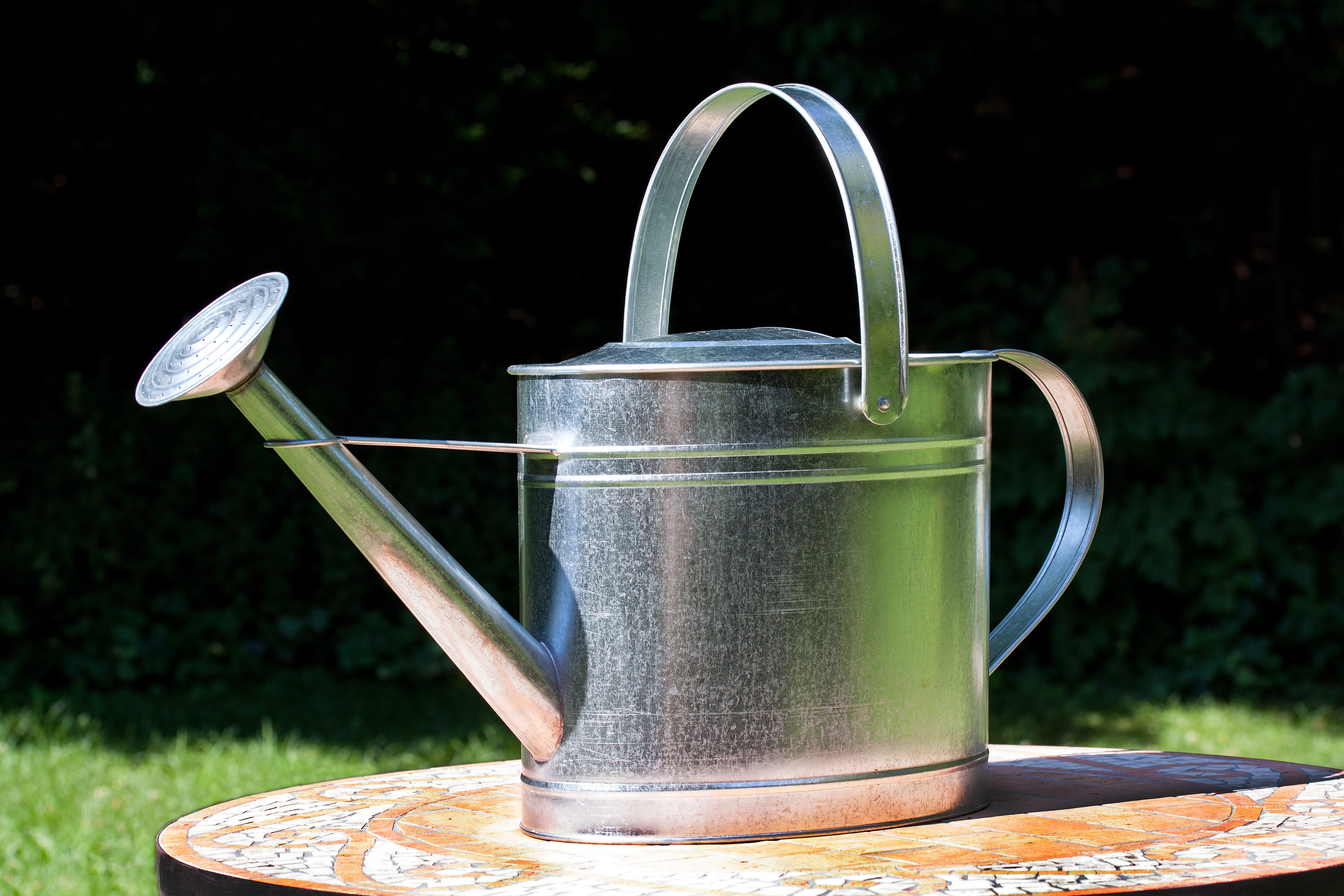 handle, casting, watering can, steel, 4K, photography, sheet, nature, kitchen utensil, green color, mirroring, sprinkler, zinc plated, focus on foreground, HD Wallpaper