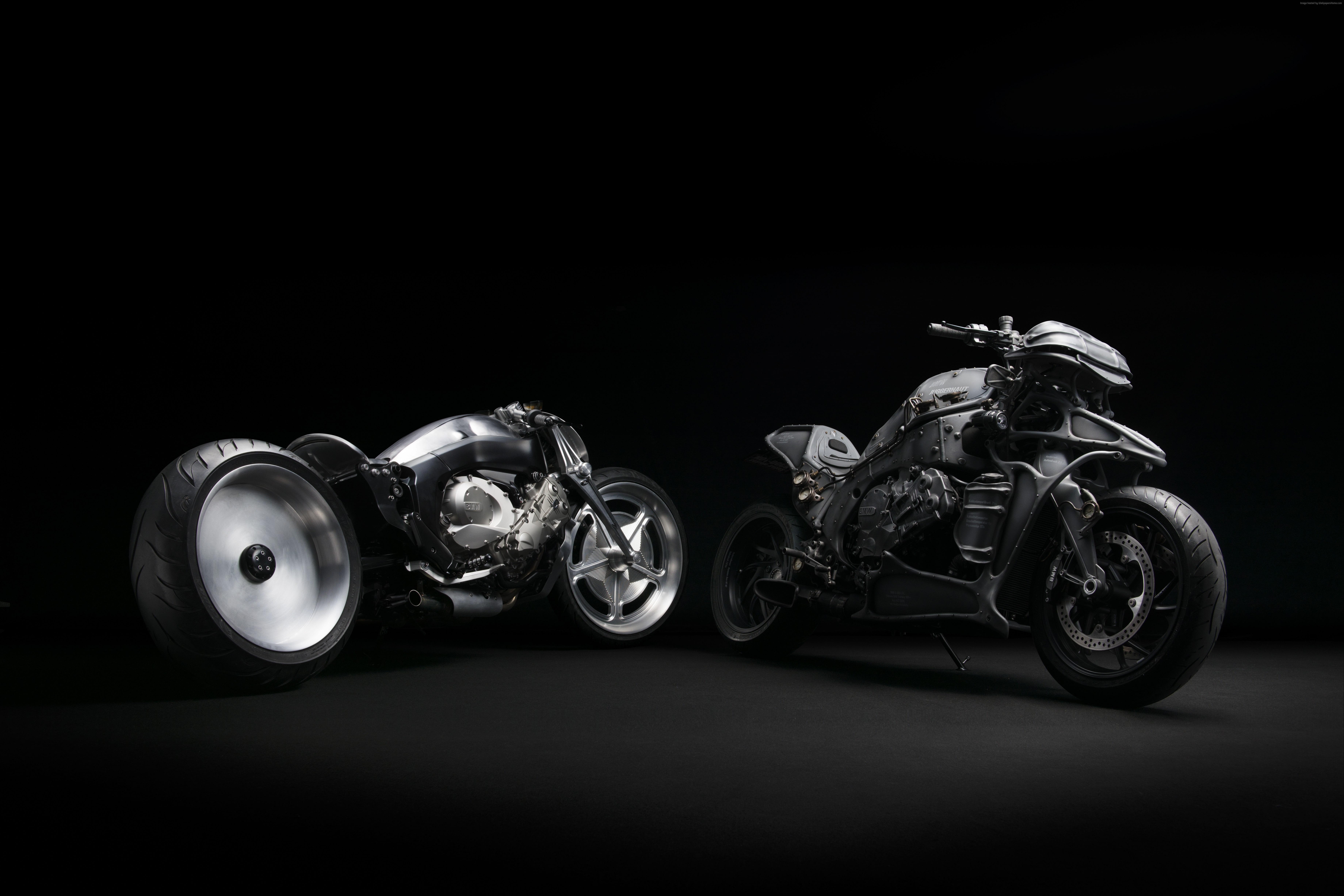 5K, chrome, luxury, indoors, no people, sport, black color, cut out, BMW Motorcycles, sports race, metal, motorcycle, mode of transportation, night, helmet, HD Wallpaper