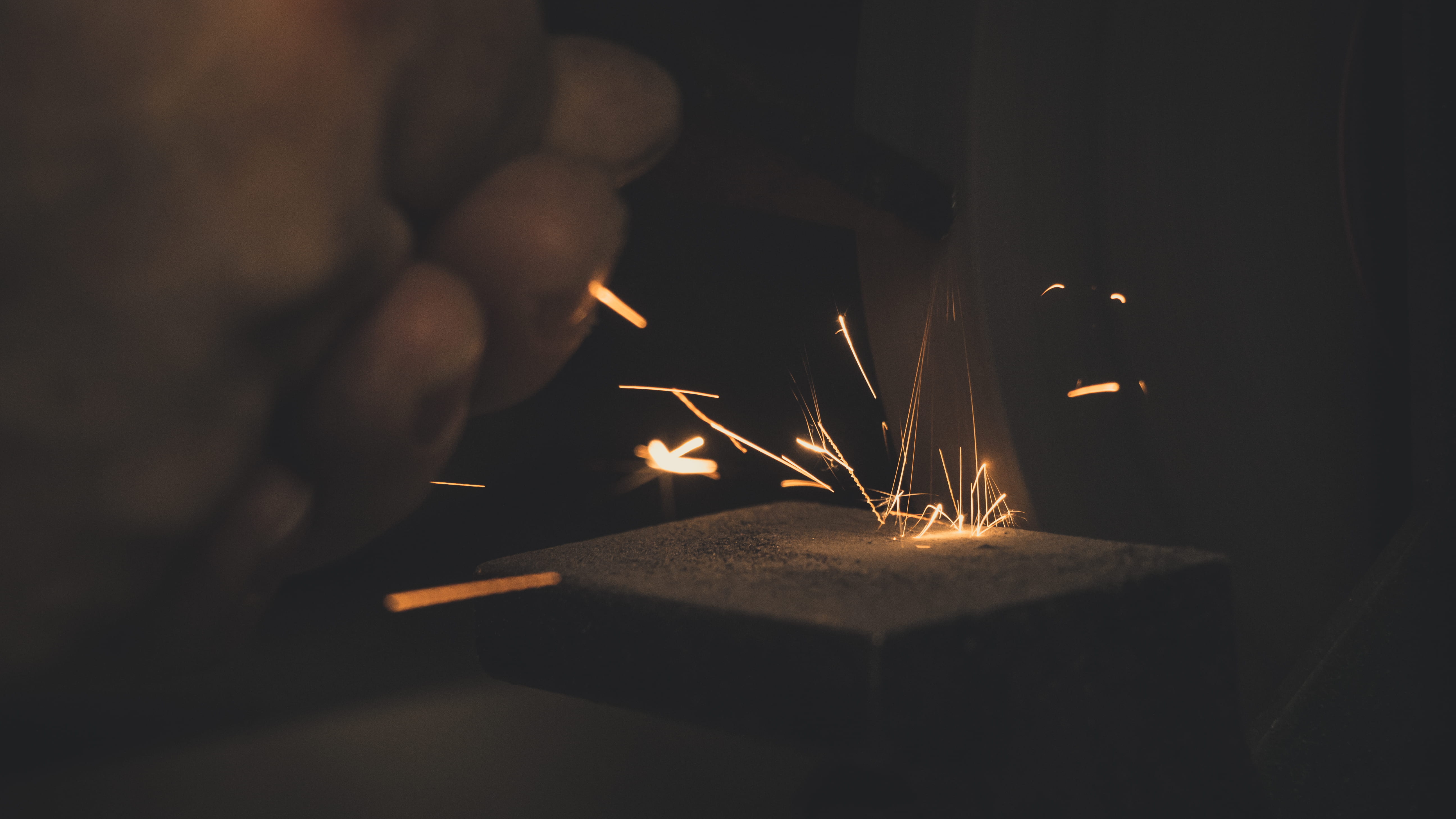 glowing, luminescence, spark, sparks, melting, insubstantial, fire, dark, metal, 5K, fire - natural phenomenon, manufacturing, workshop, metal industry, HD Wallpaper