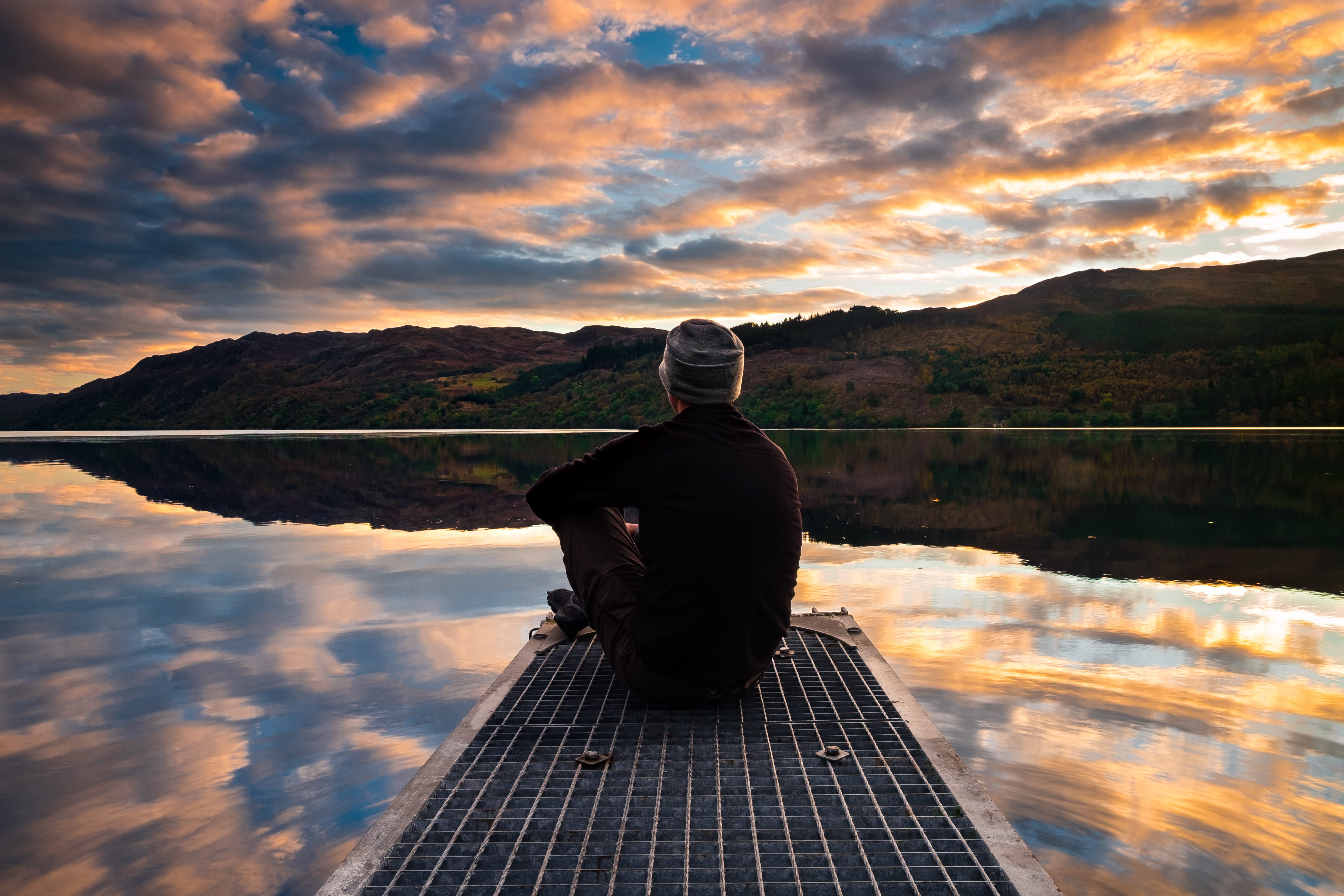 scenics - nature, 4K, water, tranquility, fall, lifestyles, sky, united kingdom, mountain, inverness-shire., rear view, sitting, sunrise, cloud - sky, HD Wallpaper