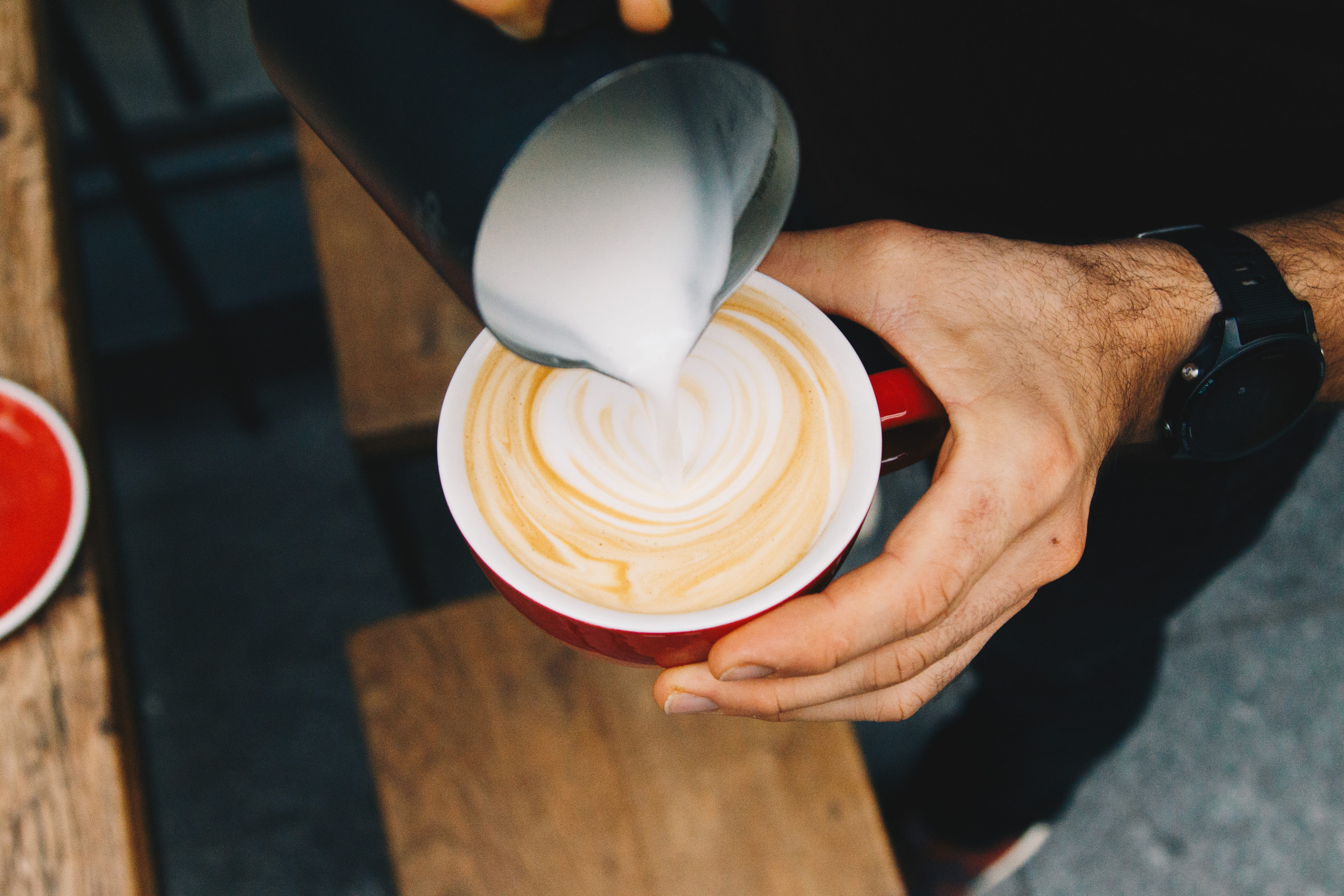 refreshment, 5K, person, real people, coffee shop, butter, creme, saucer, preparation, mug, food and drink, milk, matamata coffee, cream, cafe, human hand, HD Wallpaper