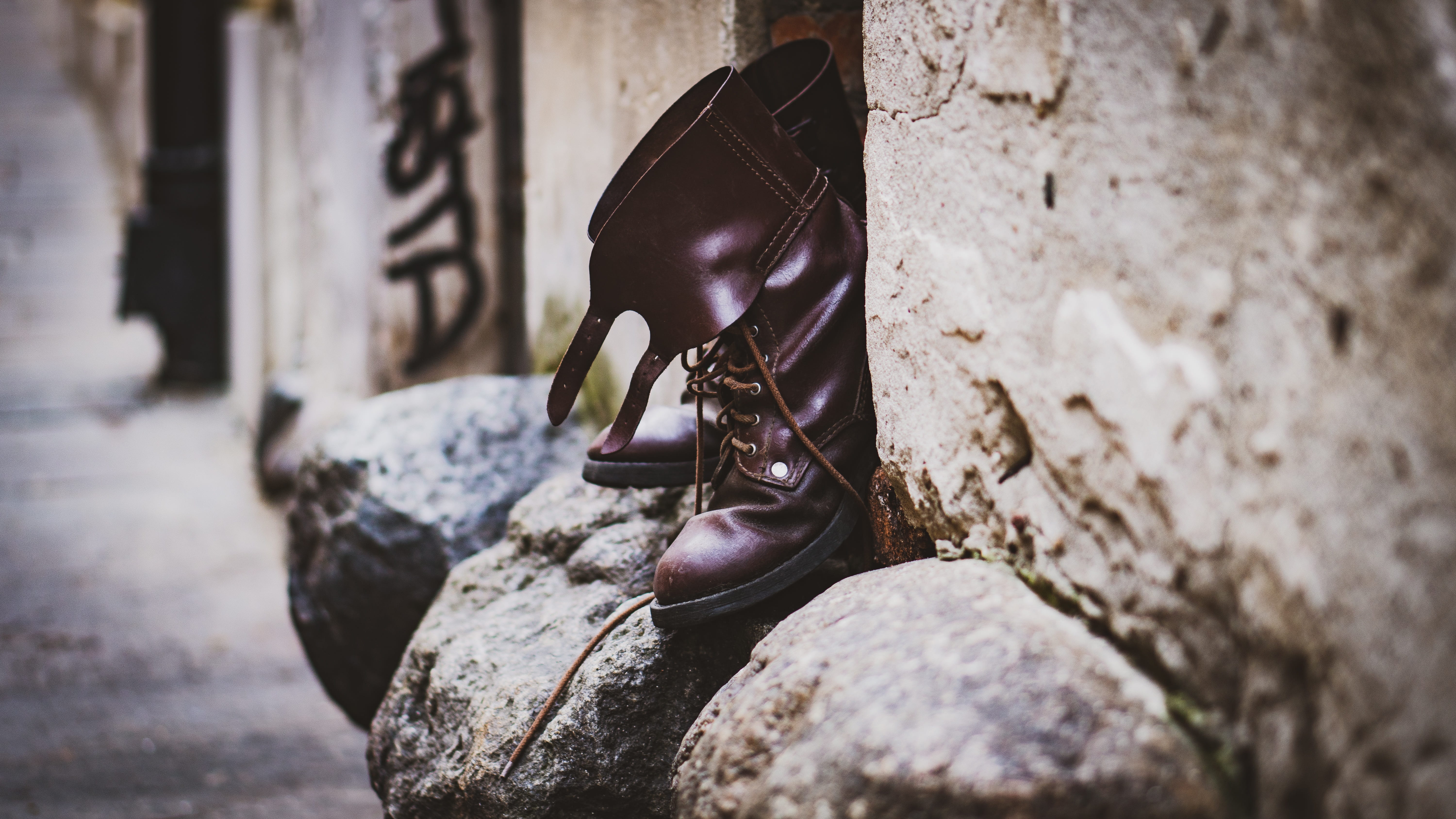 old, brown, boots, building, clothing, fashion, nature, focus on foreground, boot, woman, rock - object, built structure, day, isolated, wall - building feature, HD Wallpaper