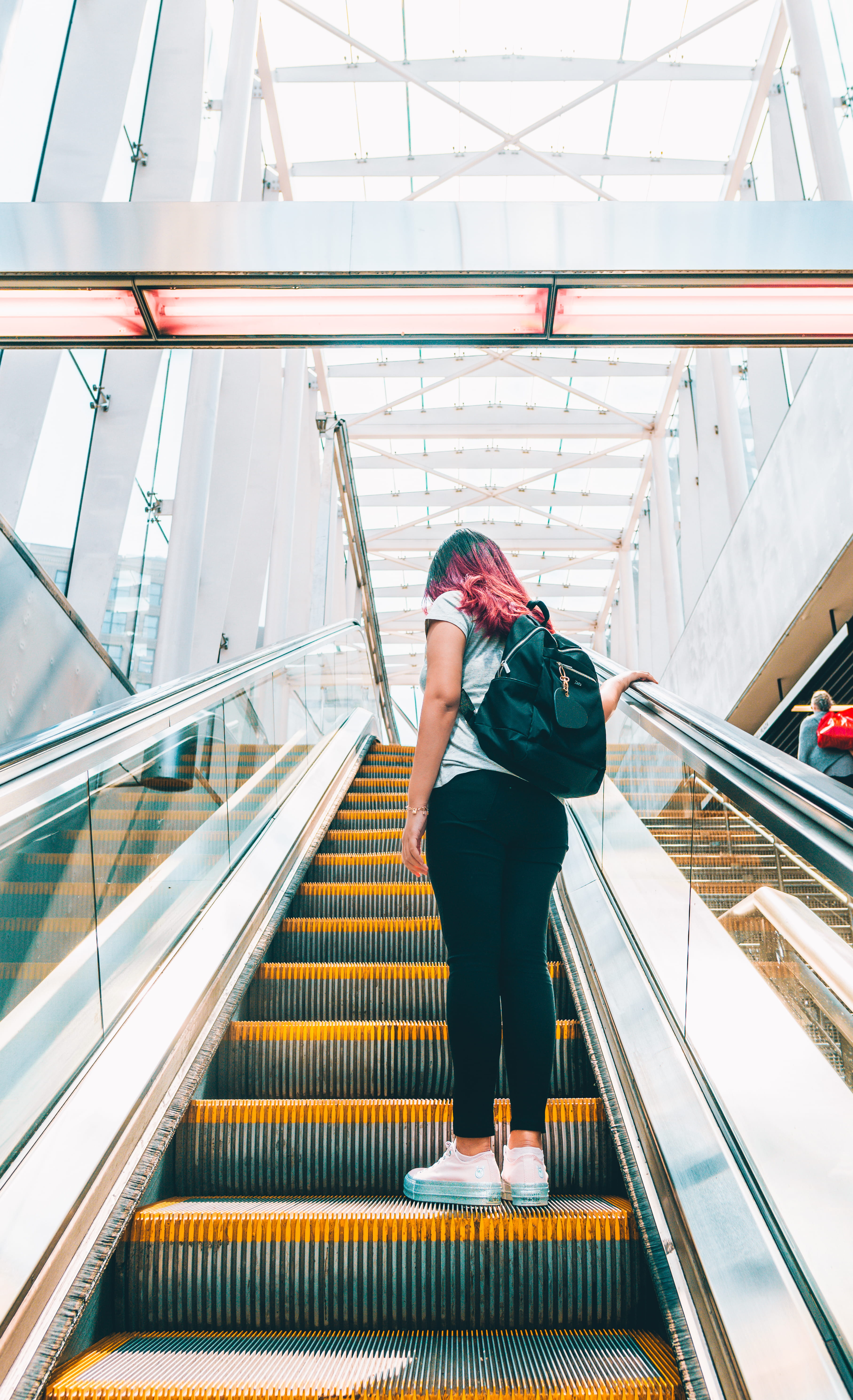 one person, stair, indoors, day, leisure activity, steps and staircases, escalator, backpack, boston, architecture, government center, staircase, woman, Phone HD Wallpaper