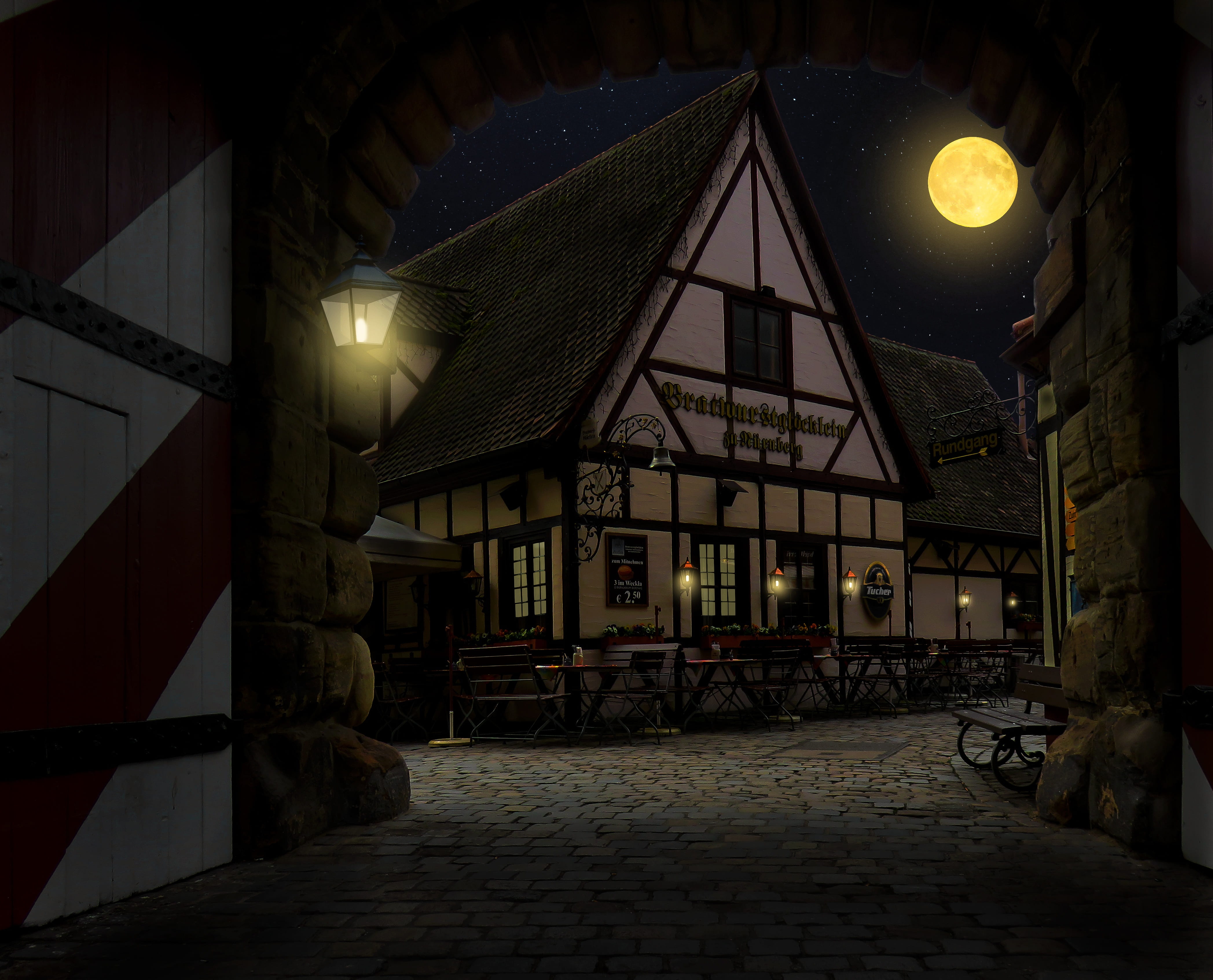 lighting, nuremberg, painted, light, house, black, passage, historically, white, city, old brathaus, glowing, nuremberg sausages, street, sausages, romantic, HD Wallpaper
