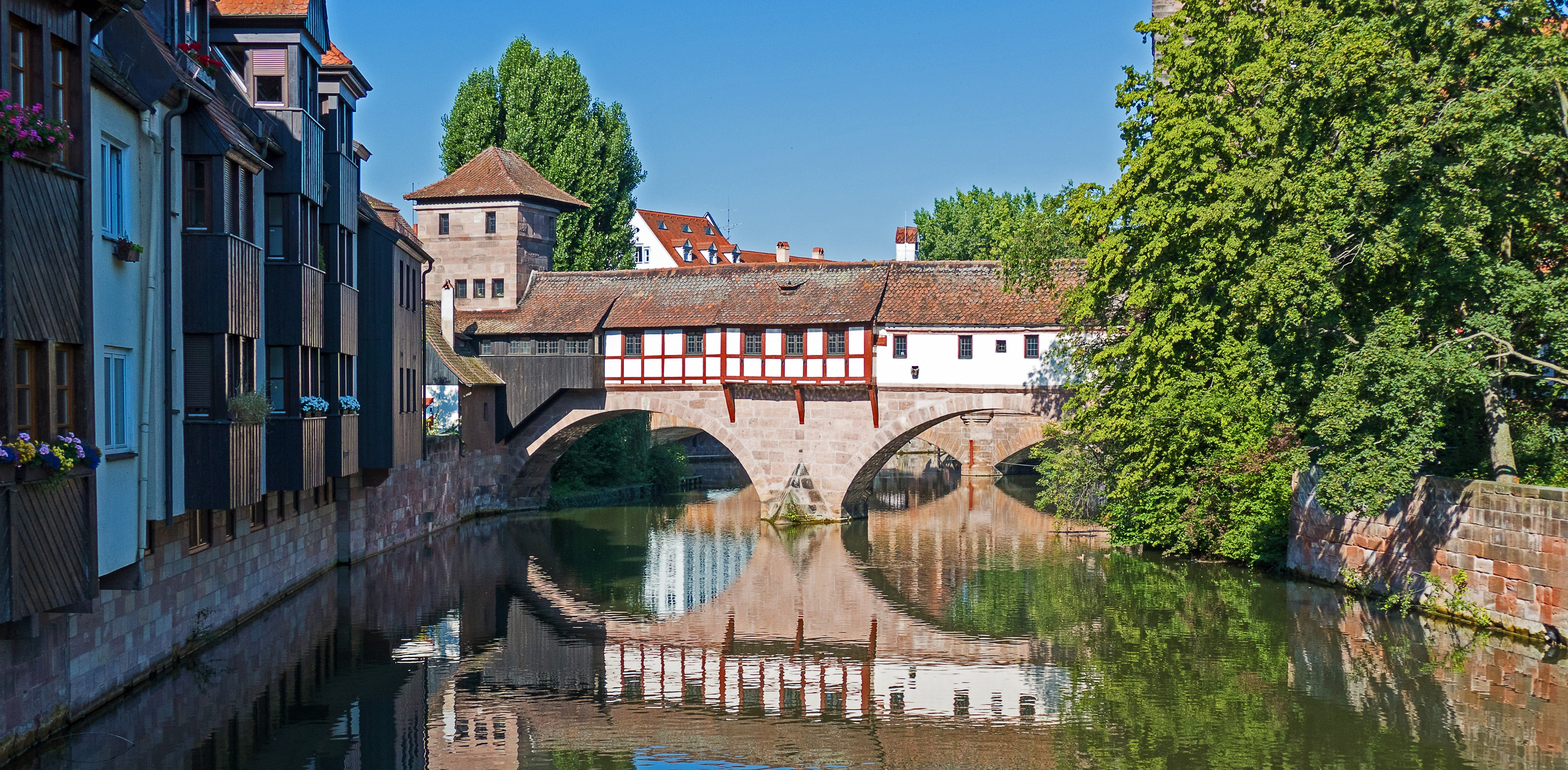 outdoors, concrete, nuremberg, reflection, bridge, waterfront, world heritage, no people, bridge - man made structure, nature, building exterior, architecture, HD Wallpaper