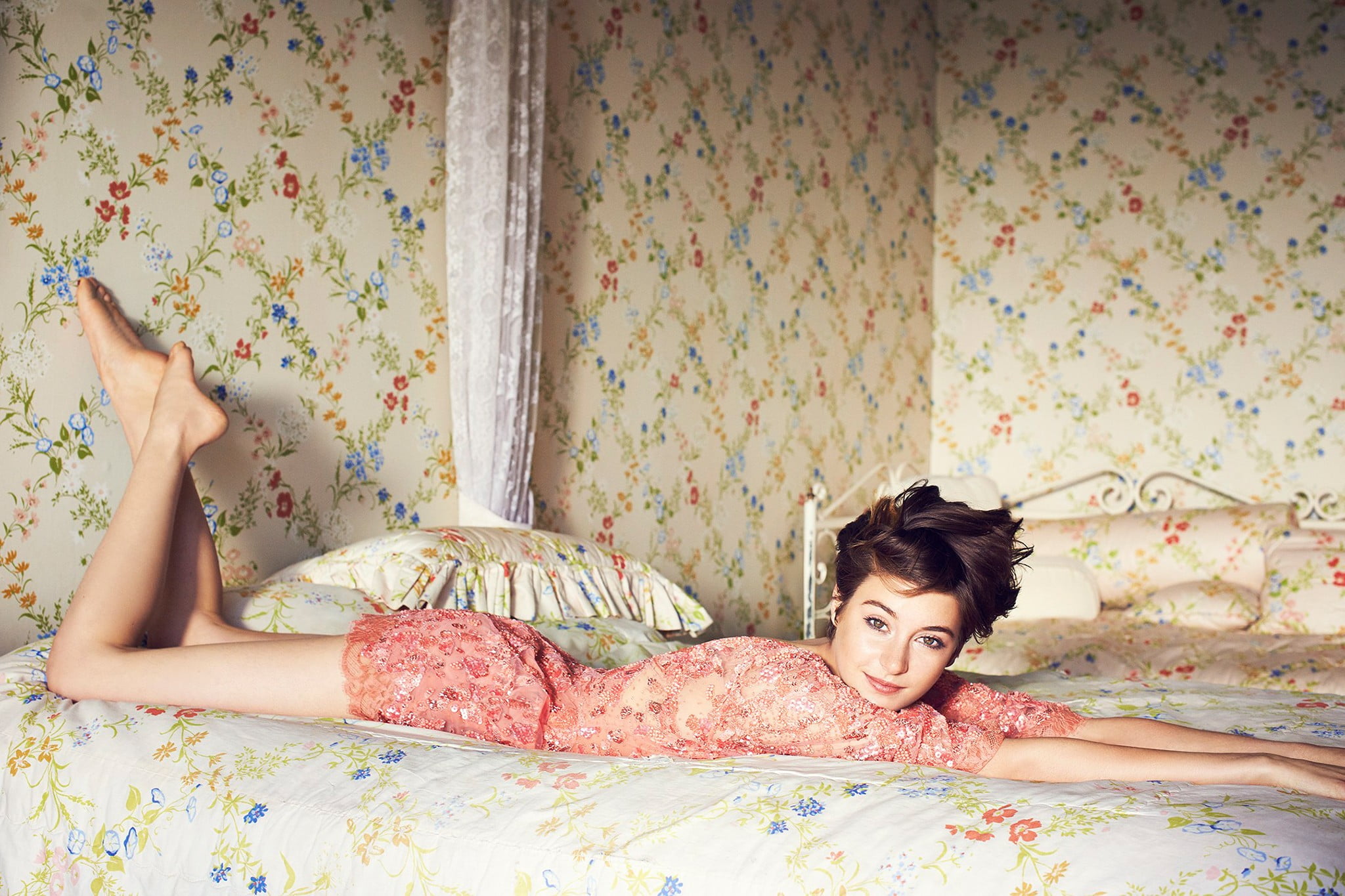 real people, bed, hairstyle, adult, relaxation, lying on front, young adult, lying down, indoors, pattern, floral pattern, portrait, clothing, HD Wallpaper
