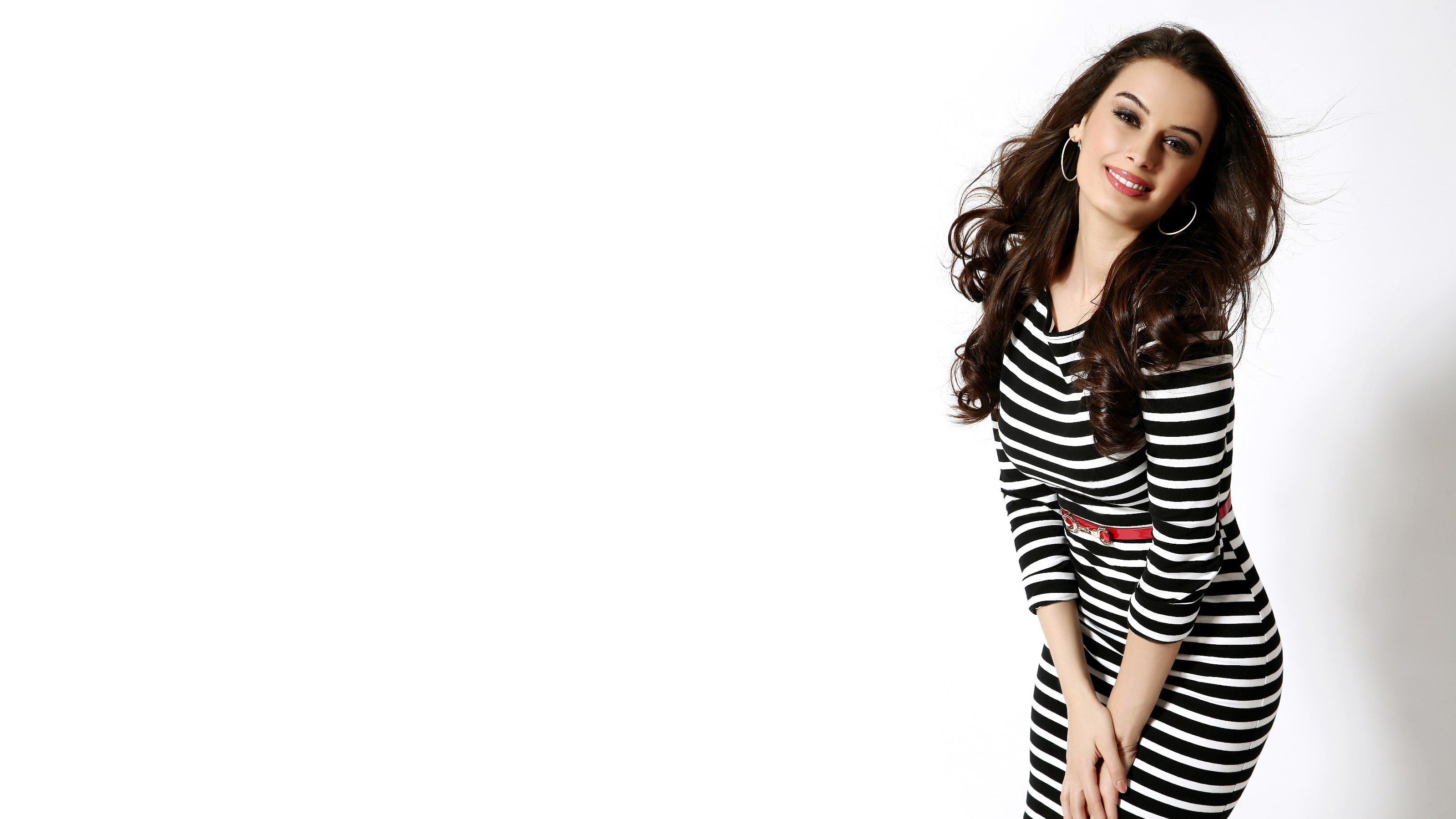 black, long, woman, dress, sleeved, Evelyn sharma, striped, 2K, Actress, Model, HD, white, HD Wallpaper