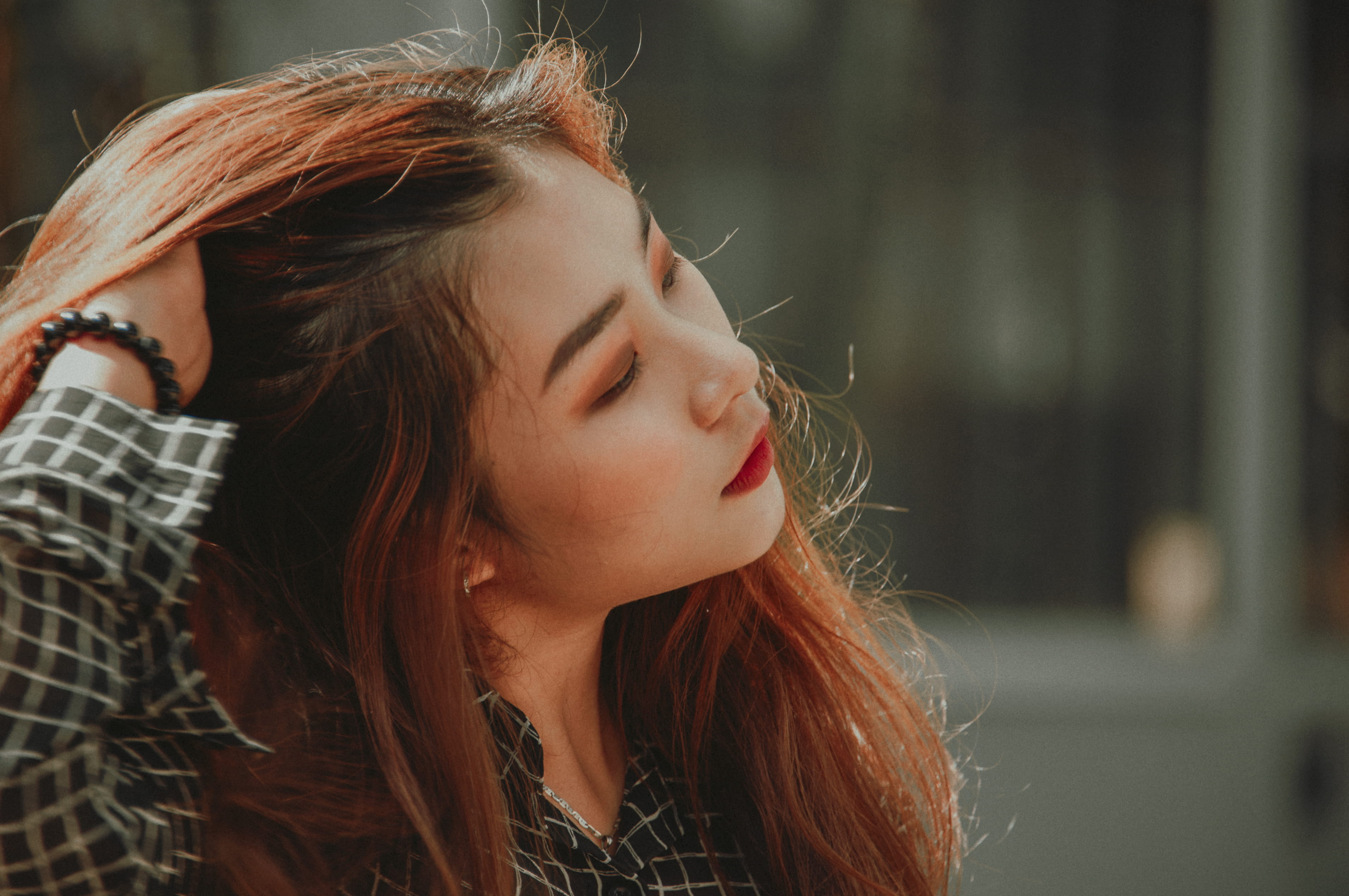 girl, focus on foreground, young adult, model, makeup, black, long, adult, grid, 2K, pretty, women, person, long hair, teenager, white, headshot, sleeved, HD Wallpaper