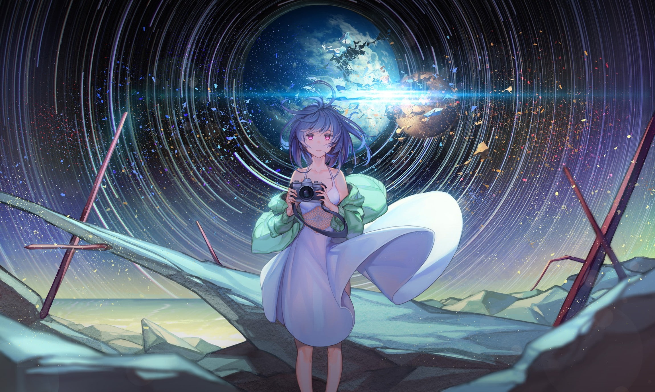 stars, Original Characters, camera, sky, 1080P, dress, Blue Hair, Pink Eyes, Anime Girls, HD Wallpaper