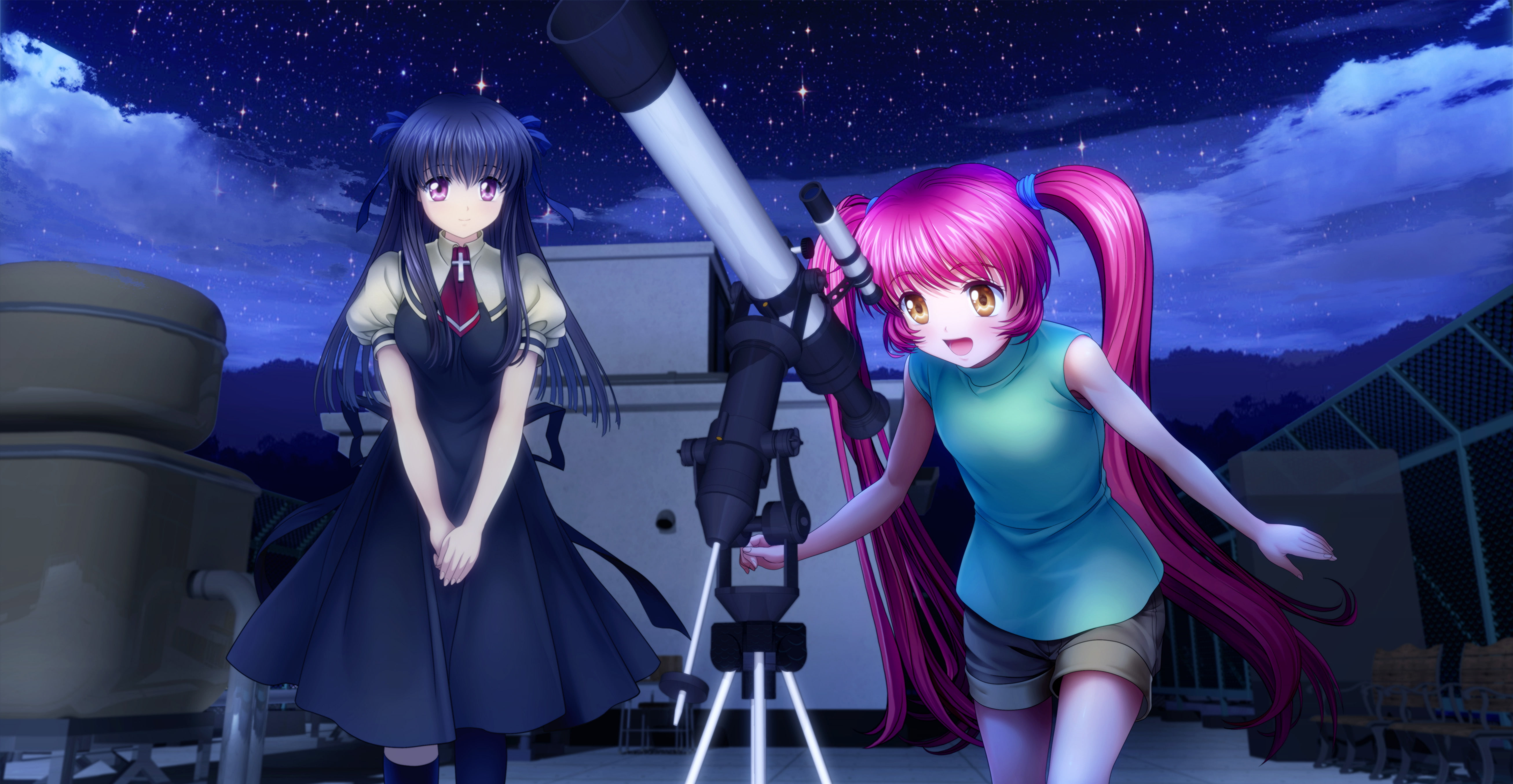 long, pink, purple, dress, yellow, air, michiru, 5K, black, twintails, stars, girls, eyes, night, moonknives, hair, HD Wallpaper