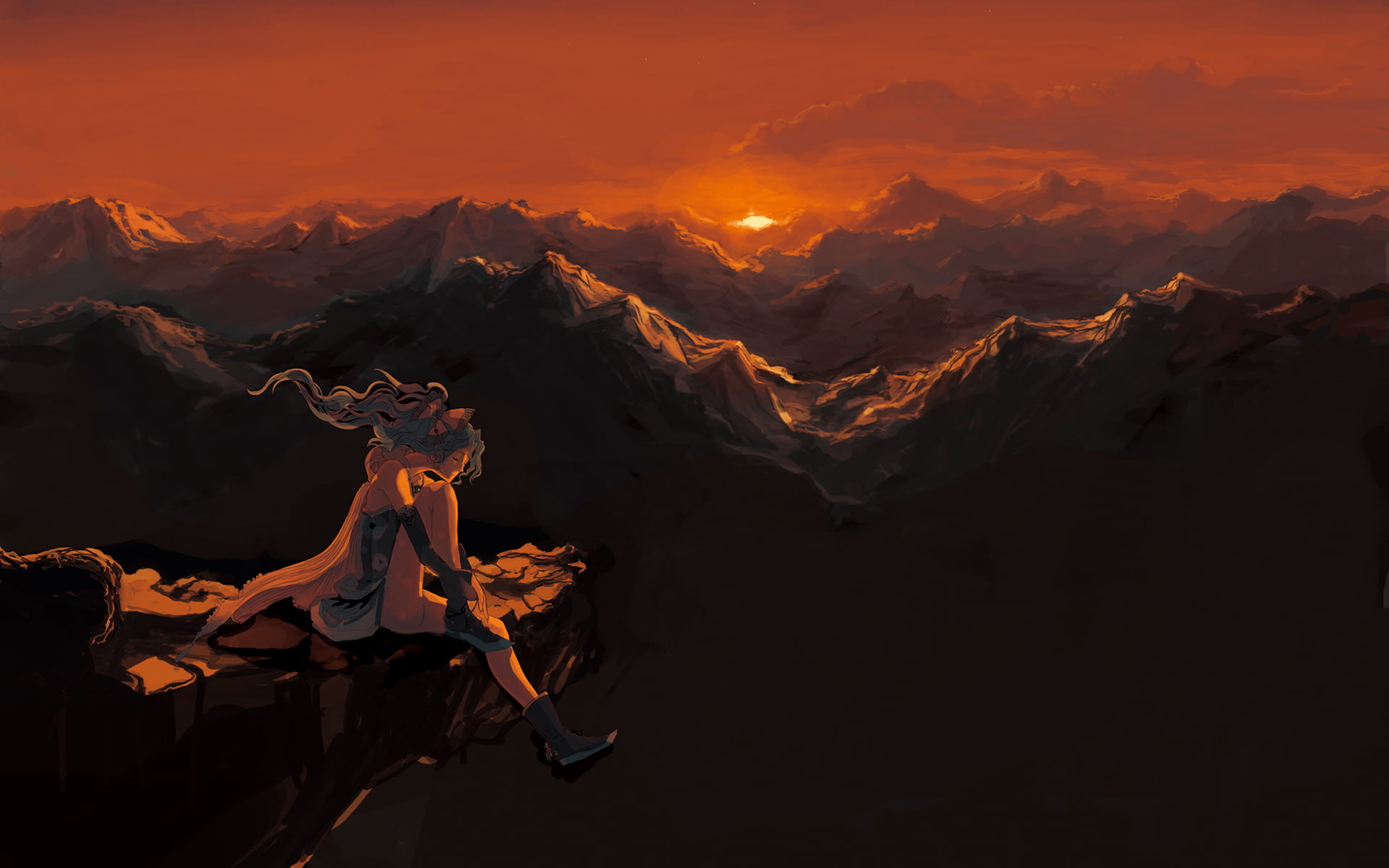 mountains, drawing, cartoon/comic, 1080P, sunset, anime, hd, landscape, HD Wallpaper