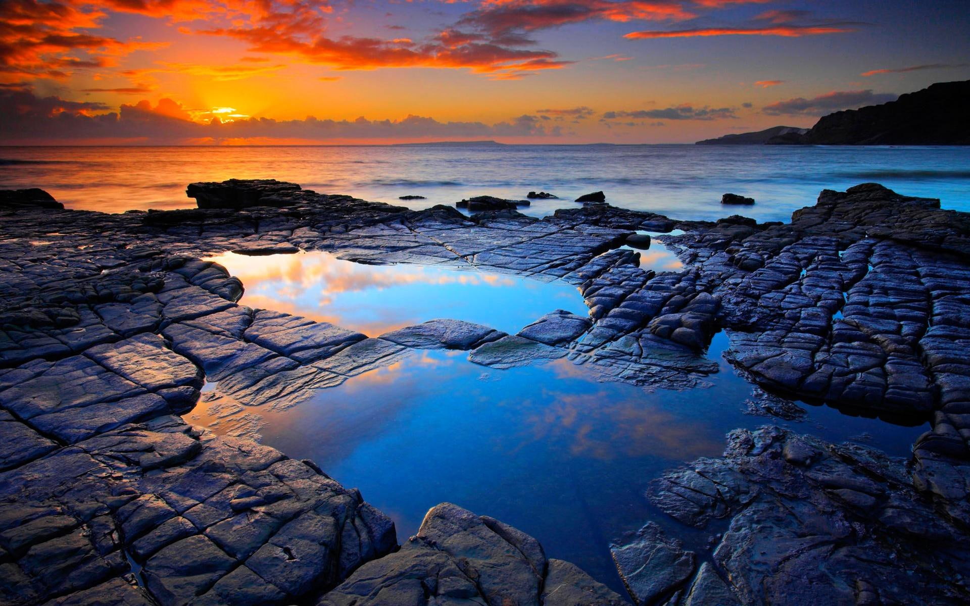 rock, sunset, rockpool, pool, 1080P, 3d and abstract, beach, uk, ocean, HD Wallpaper