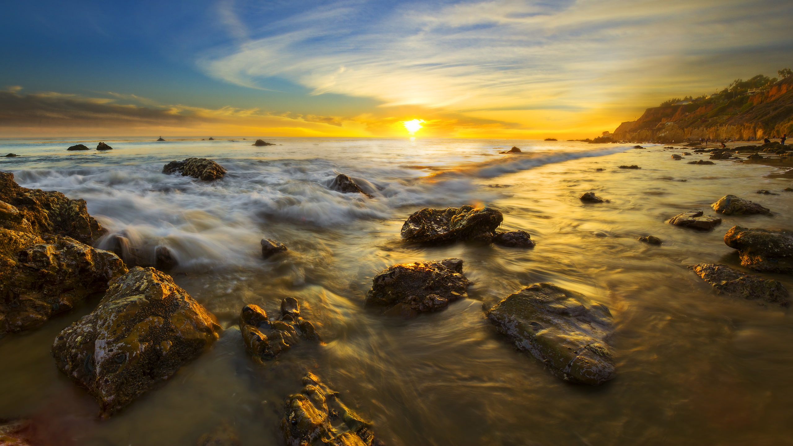 ocean, stones, rocks, nature, hd, sunset, 2K, sunlight, beach, HD Wallpaper