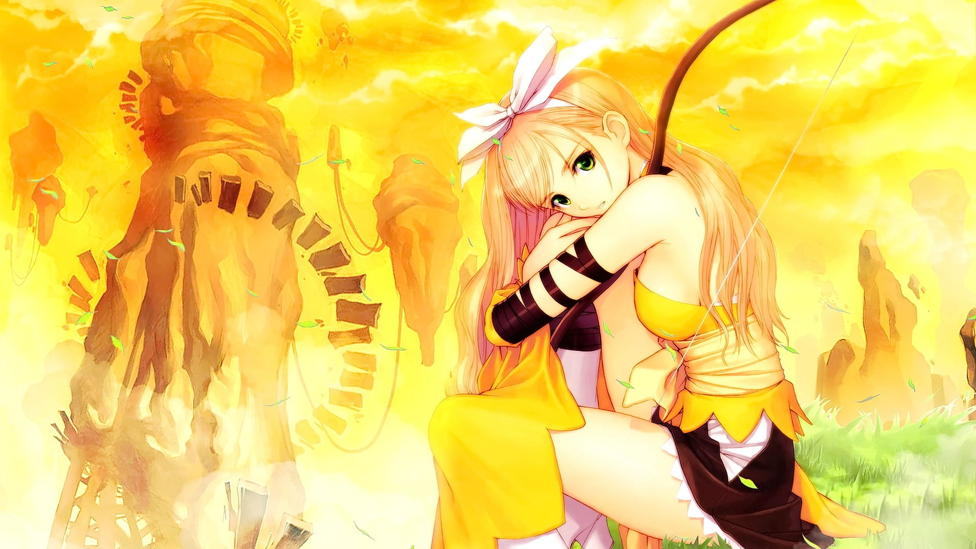 green eyes, looking at viewer, anime, Tony Taka, sky, smiling, long hair, 1080P, anime girls, blonde, clouds, Shining Tears, HD Wallpaper
