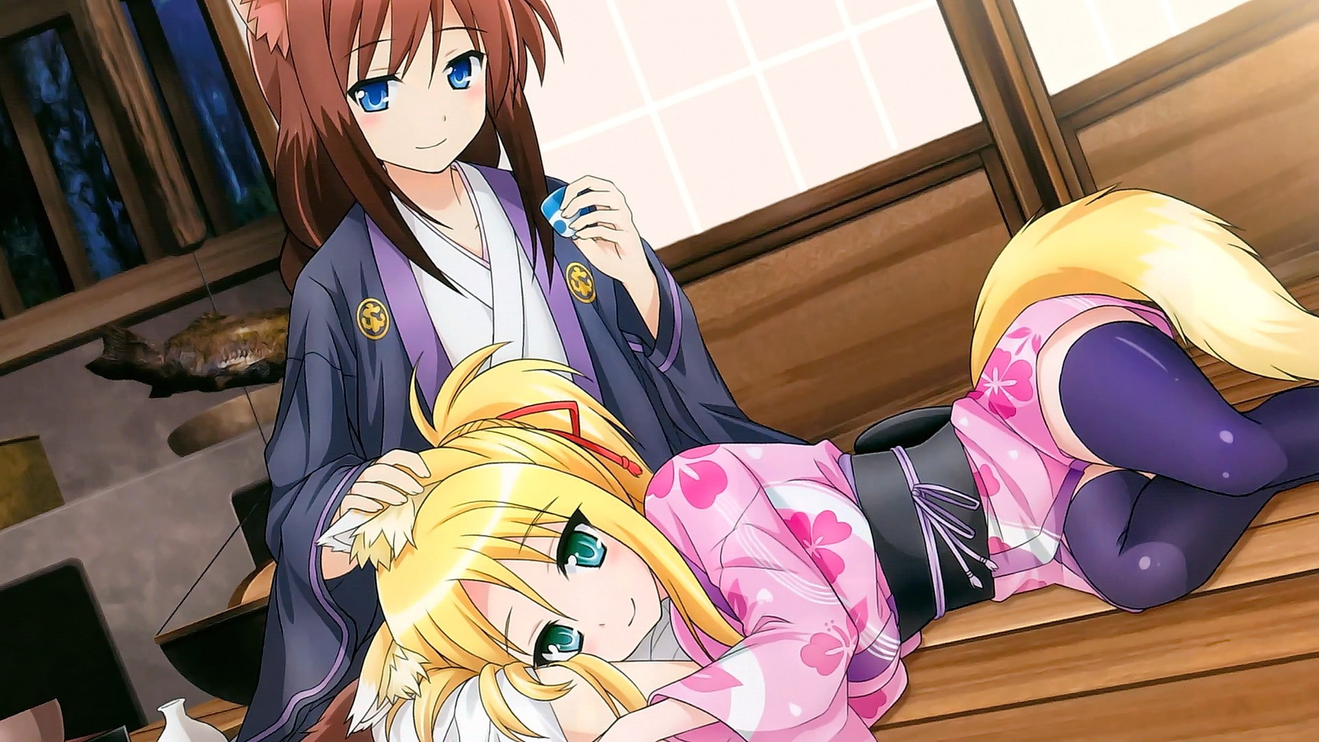 smiling, animal ears, 1080P, Japanese clothes, blonde, aqua eyes, kimono, Dog Days, anime girls, long hair, blue eyes, brunette, anime, HD Wallpaper