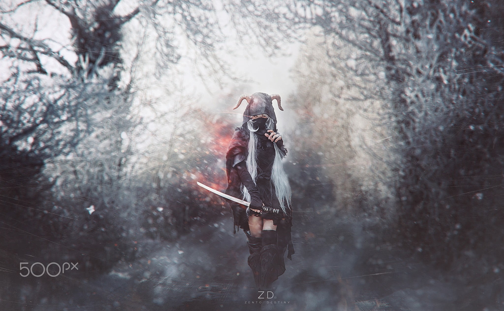 digital, 500px, fog, sword, snow, plant, wearing, person, cold temperature, adult, land, smoke - physical structure, motion, winter, forest, HD Wallpaper