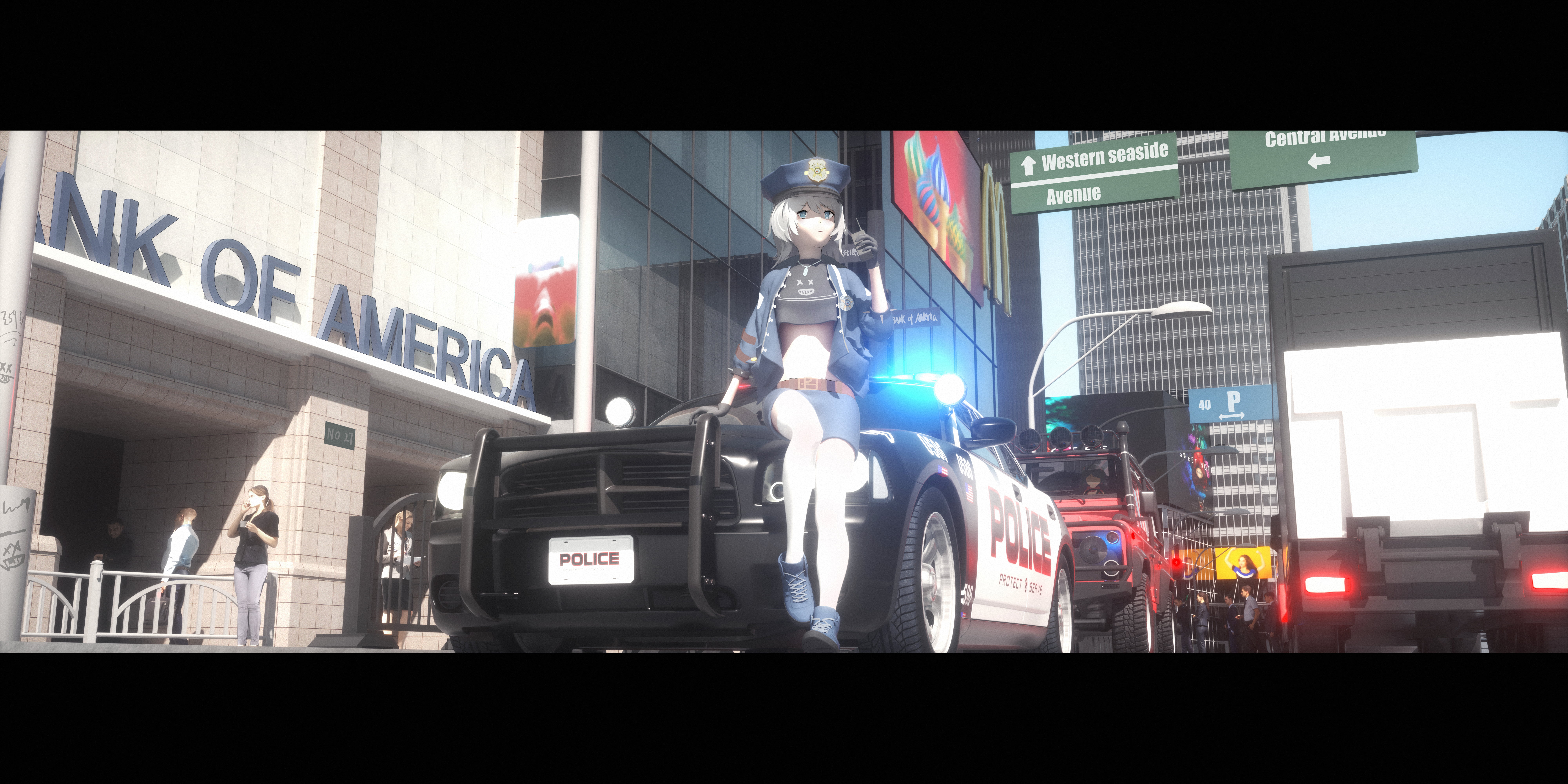 8K, anime, anime girls, Bangeningmeng, police cars, HD Wallpaper