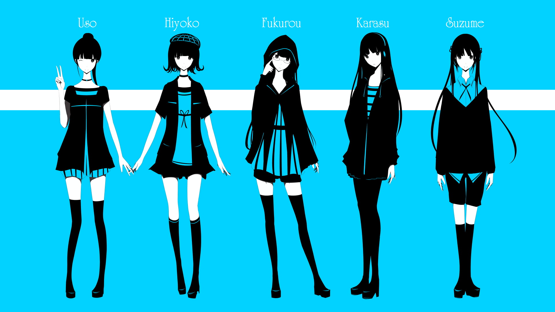 simple background, shirt, cyan background, thigh-highs, hat, cyan, skirt, glasses, 1080P, anime girls, jacket, shorts, dress, long hair, meganekko, short hair, HD Wallpaper