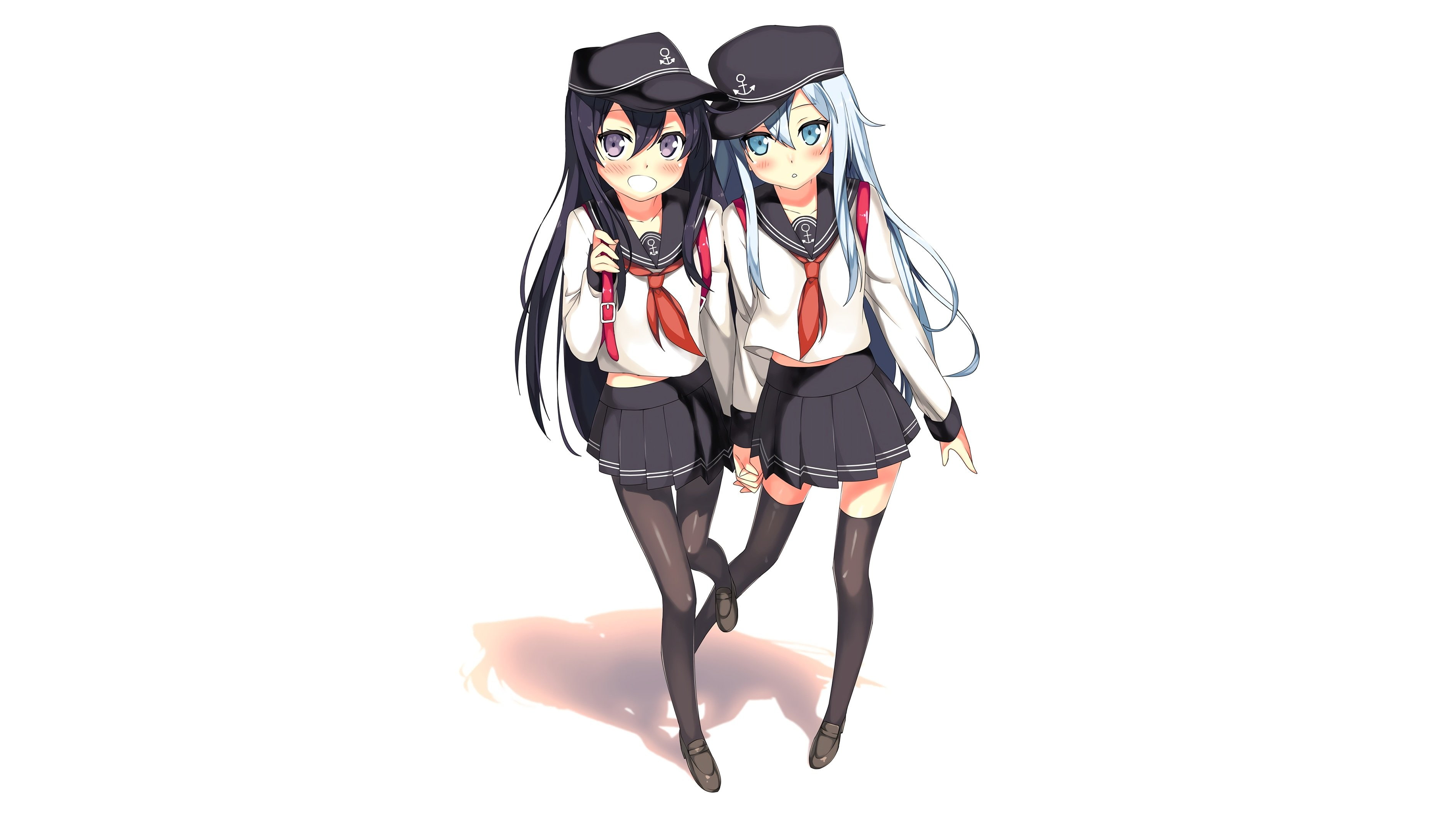 thighhighs, kantai, long, blush, white, blue, 2K, black, hat, seifuku, hibiki, purple, eyes, hair, loli, pantyhose, (kancolle), girls, collection, HD Wallpaper