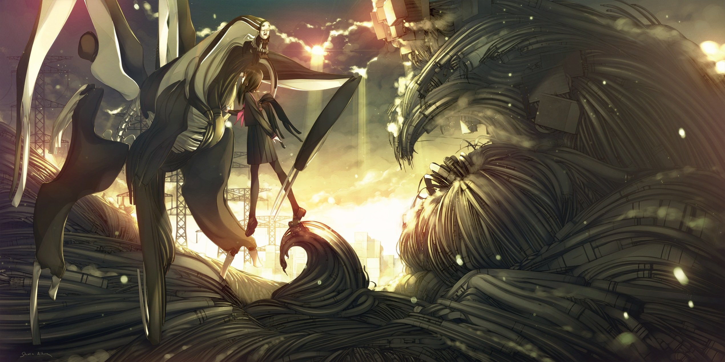 pantyhose, long, 1080P, hair, original, black, clouds, iku, seifuku, wings, HD Wallpaper