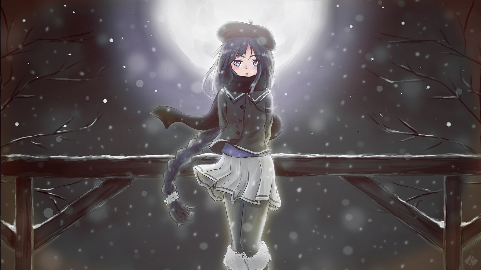 vocaloid, (vocaloid), 1080P, blue, eyes, scarf, deseikona, moon, blush, snow, signed, long, night, pantyhose, braids, kneehighs, hat, skirt, alys, winter, HD Wallpaper