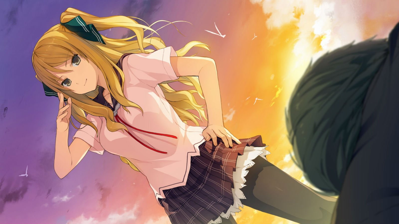 yuu, satouin, skirt, game, reiko, yellow, sky, bird, 720P, akinashi, eyes, rhythm, seifuku, kanata, hair, blonde, pantyhose, four, animal, long, HD Wallpaper