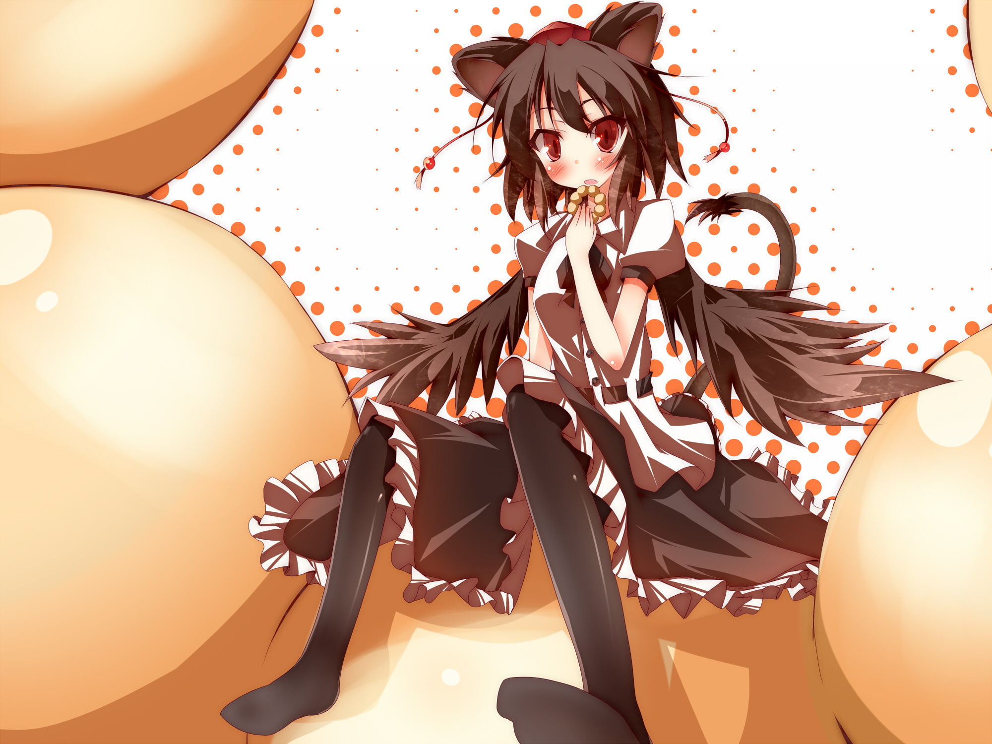 animal, red, ears, hair, wings, daidai, tail, 1080P, ookami, dress, short, hat, aya, touhou, pantyhose, food, eyes, brown, shameimaru, blush, HD Wallpaper