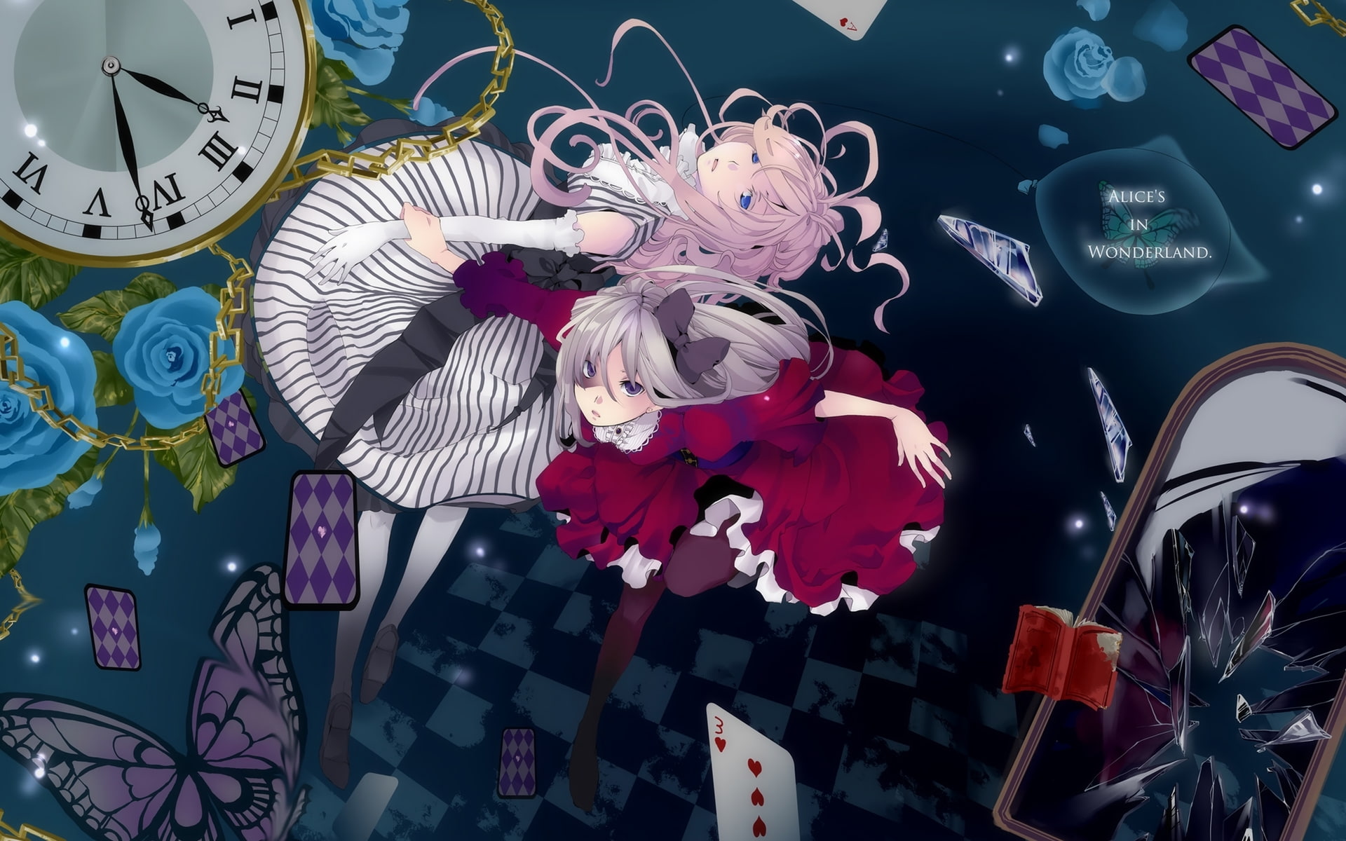 hair, chain, eyes, rose, butterfly, gloves, book, gray, purple, fashion, long, lolita, dress, flowers, blue, thighhighs, kuduq, pantyhose, 1080P, pink, HD Wallpaper