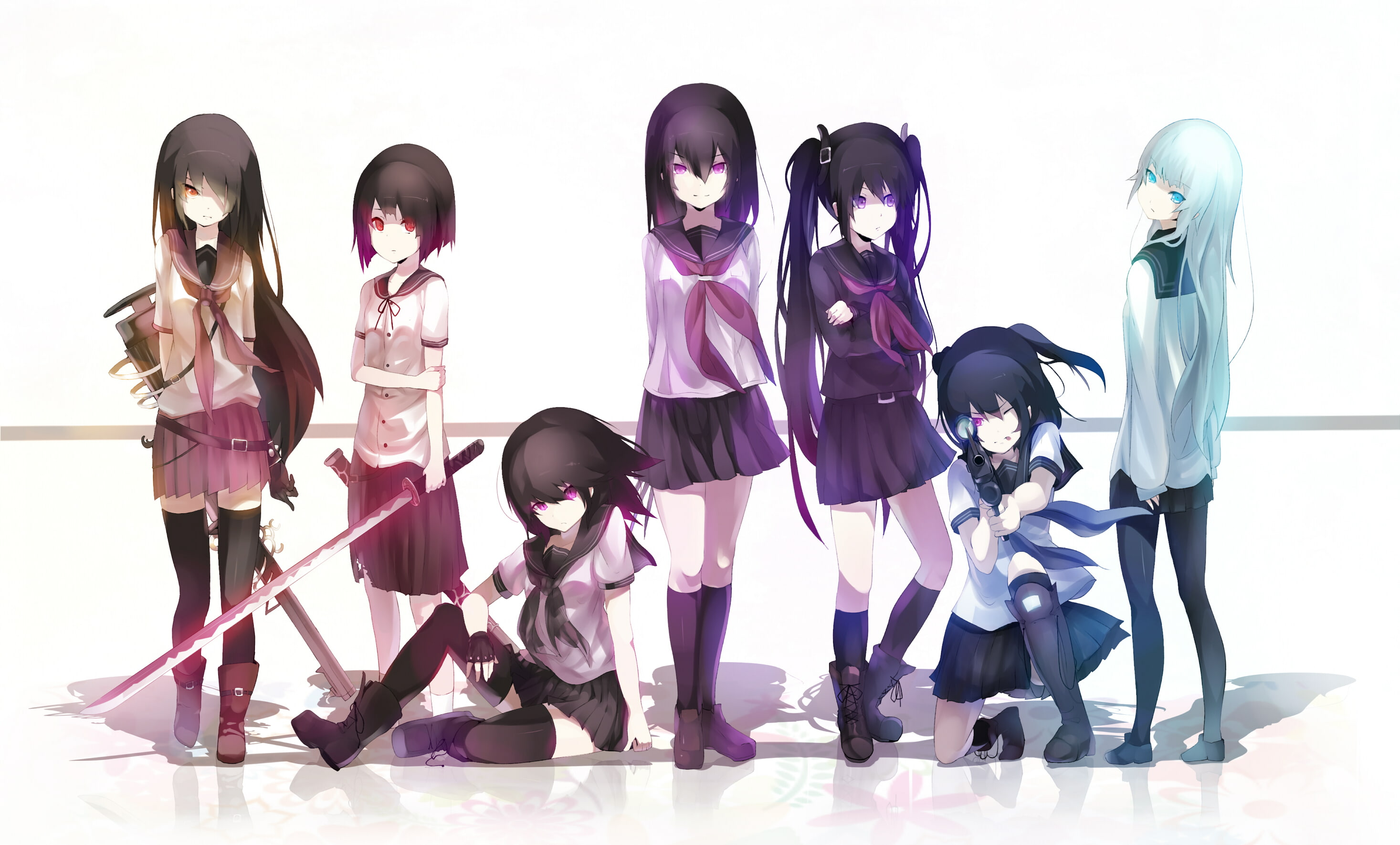 katana, boots, thighhighs, black, purple, long, original, hair, seifuku, eyes, pantyhose, sword, gun, twintails, kneehighs, buraku, red, white, 2K, weapon, HD Wallpaper