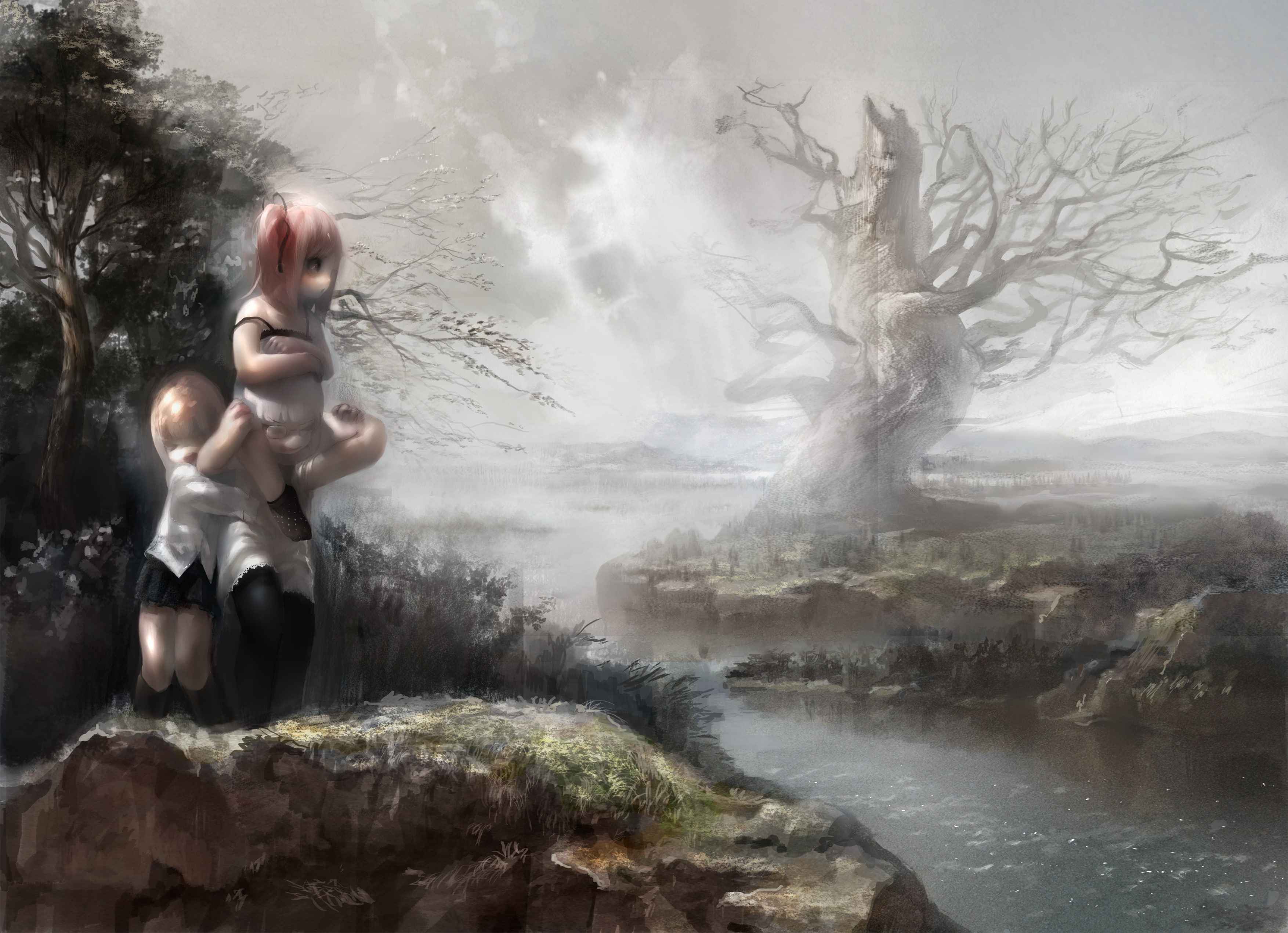 pink, water, twintails, toiku, clouds, pantyhose, 2K, sky, original, skirt, tree, hair, scenic, HD Wallpaper