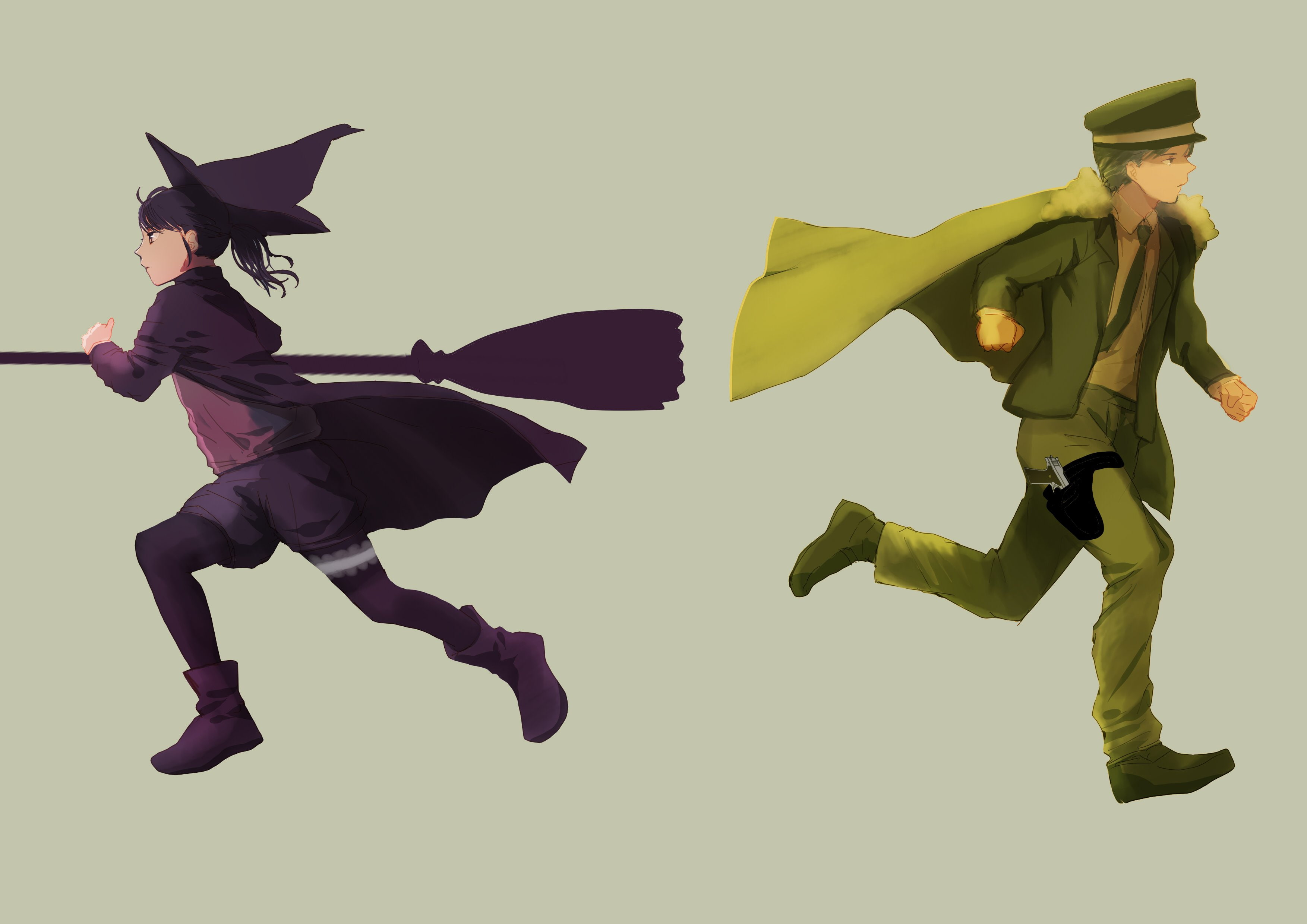 purple, gray, weapon, shirt, ponytail, witch, boots, gun, short, hat, toono, tie, original, green, cape, hair, pantyhose, suit, 2K, shorts, HD Wallpaper