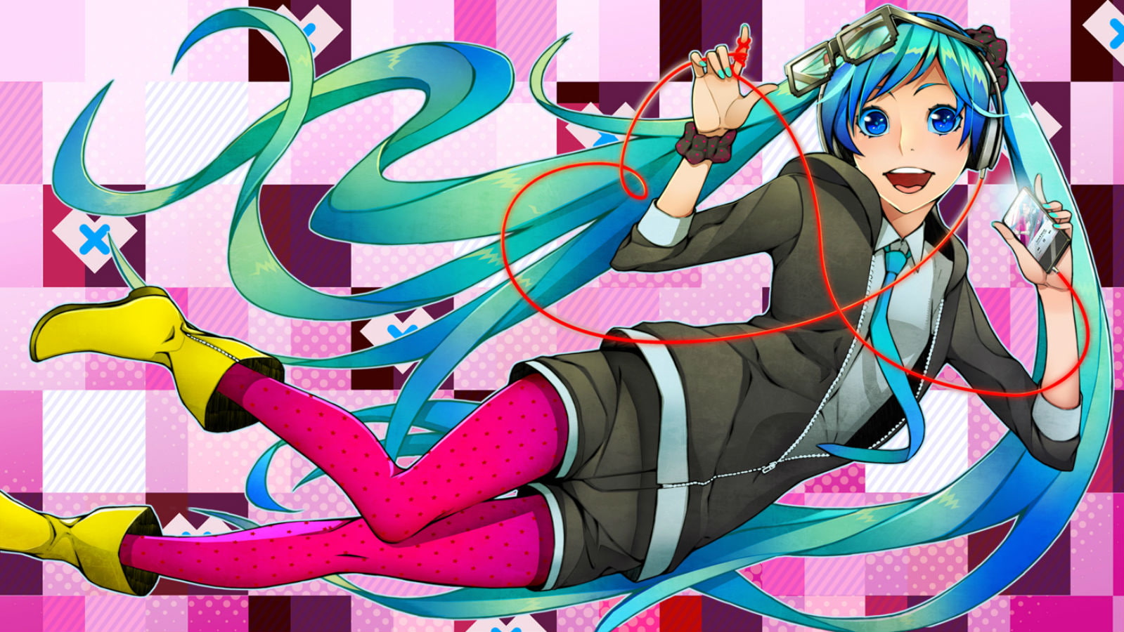 vocaloid, glasses, hatsune, boots, shorts, twintails, eyes, 720P, long, hair, nitto, headphones, blue, shiro, tie, pantyhose, miku, HD Wallpaper