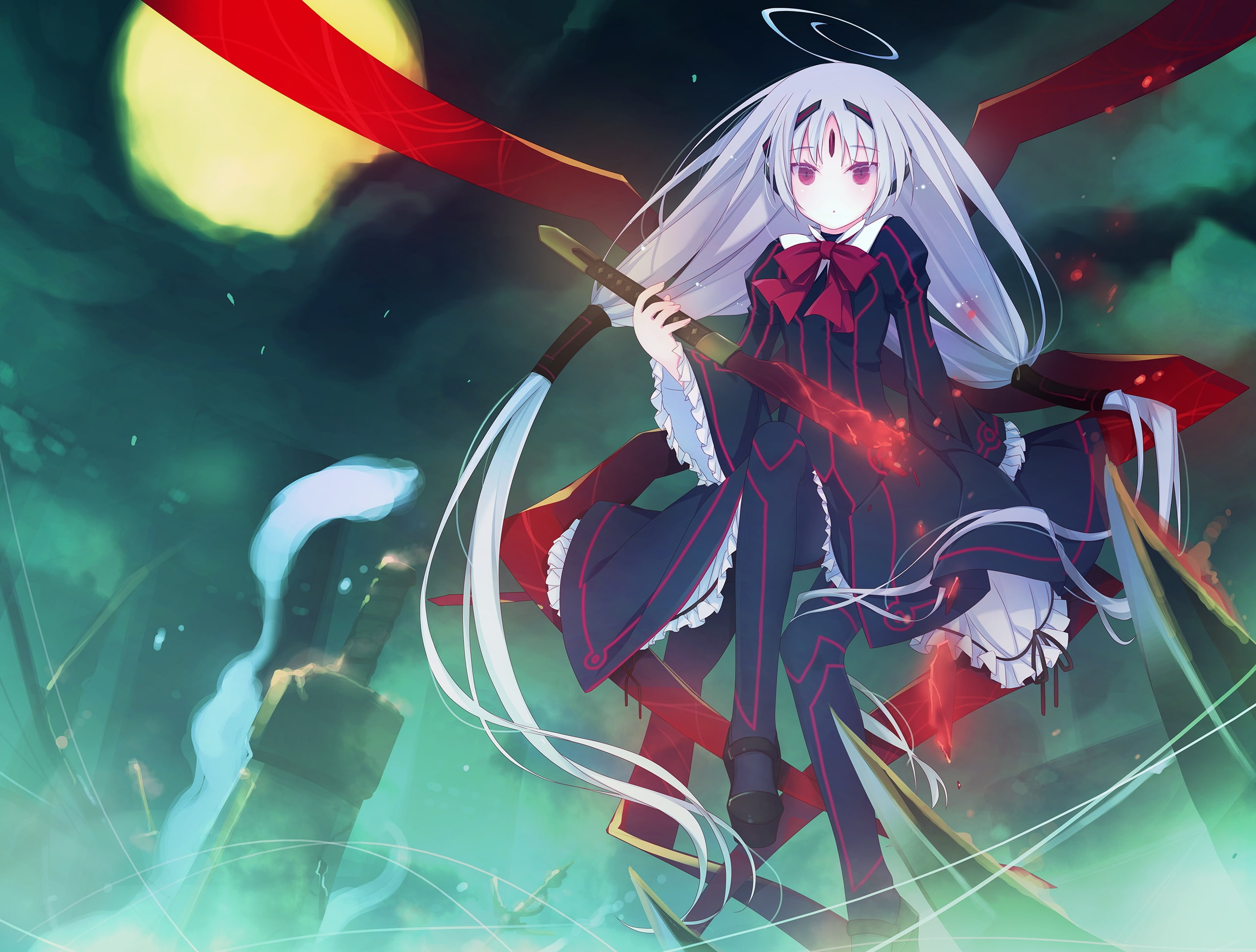 2K, night, dress, sword, ruroo, long, vatista, clouds, lolita, moon, konachan, 256933, sky, hair, twintails, pantyhose, bow, eyes, gray, ribbons, com, HD Wallpaper