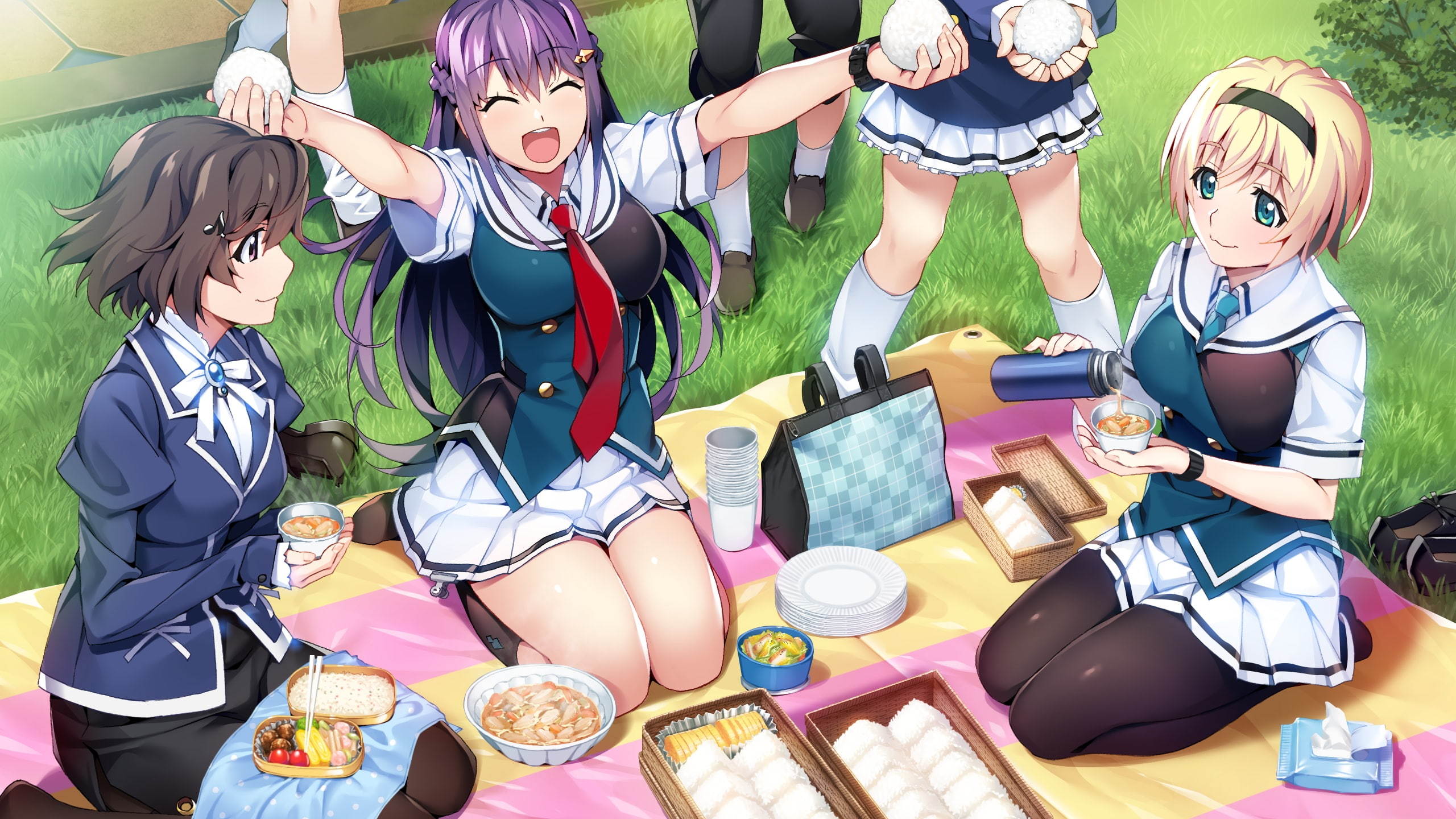 seifuku, eyes, brown, headband, wing, blonde, game, reina, braids, 2K, konachan, skirt, hair, kneehighs, tie, purple, front, grass, pantyhose, short, food, HD Wallpaper