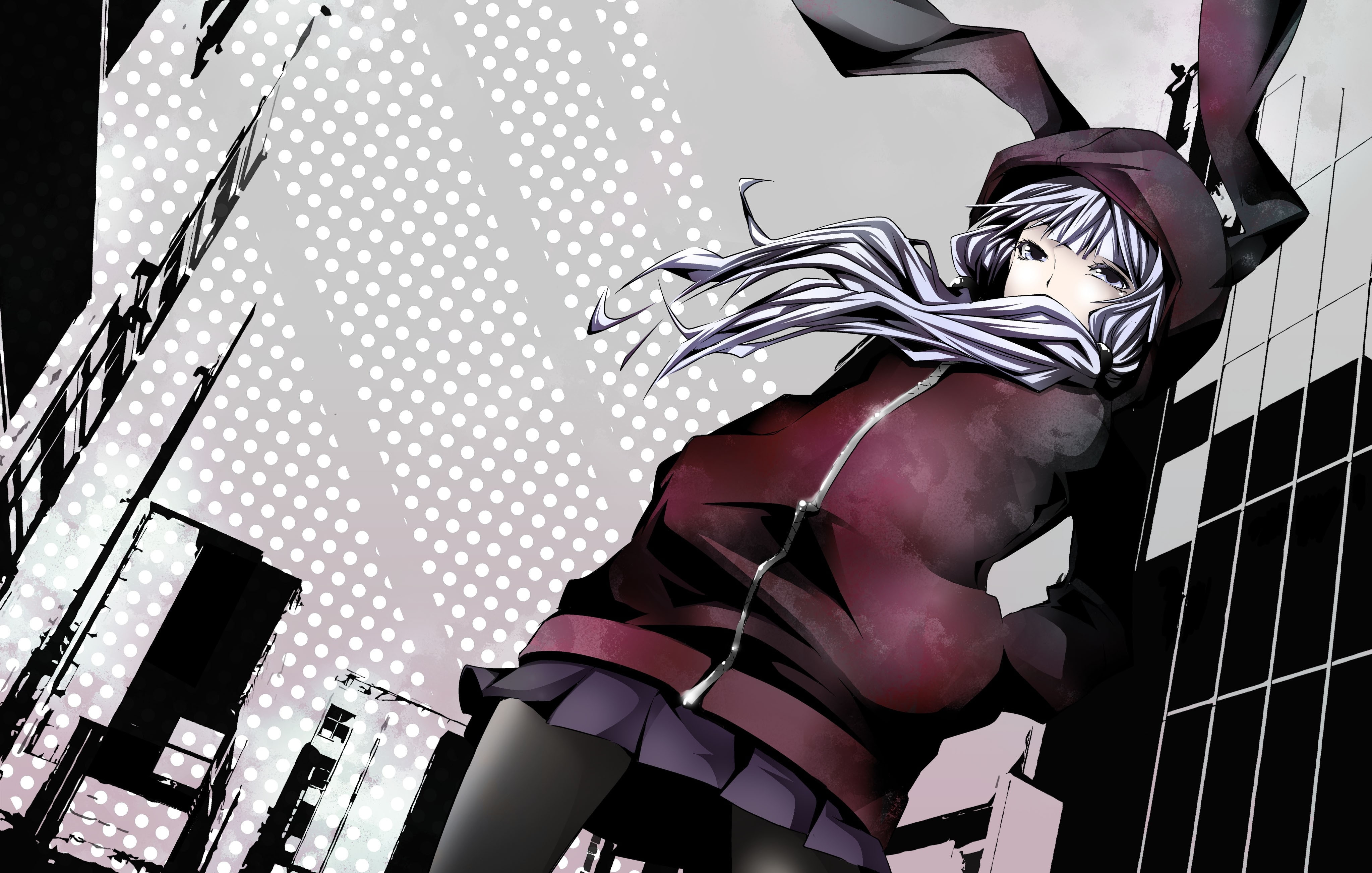 wind, people, 4K, hair, ears, hood, animal, art, long, hd, cityscapes, purple, buildings, twintails, skirts, pantyhose, vocaloid, HD Wallpaper