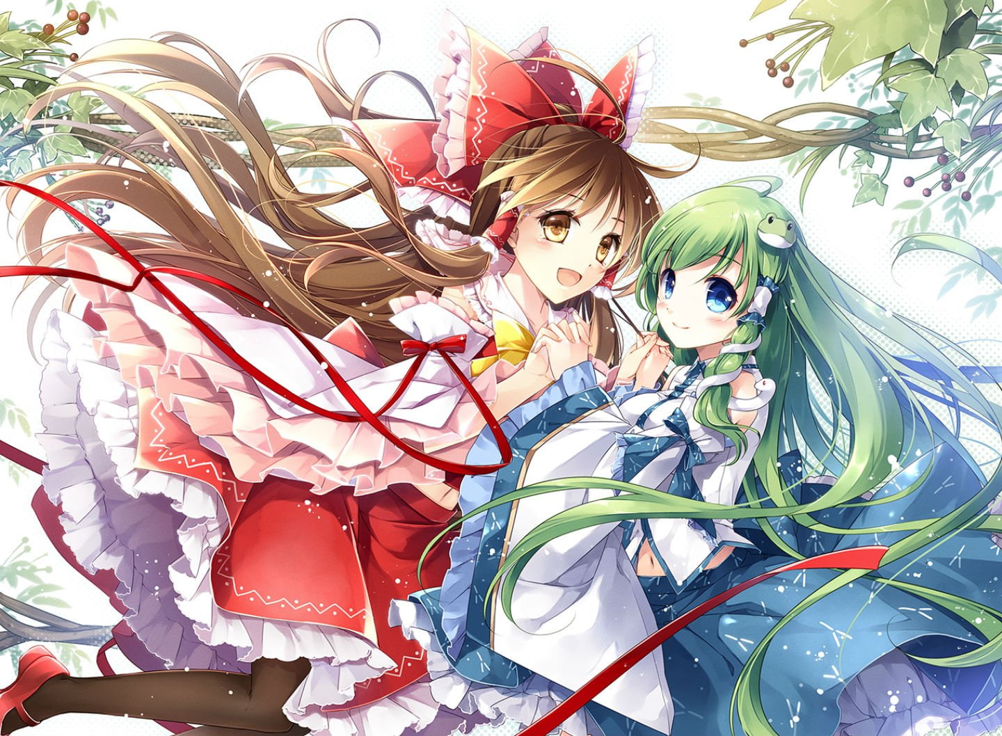 girls, eyes, moka, navel, long, leaves, brown, reimu, pantyhose, 720P, sanae, bow, touhou, hair, miko, blue, marimo, green, skirt, kochiya, hakurei, HD Wallpaper