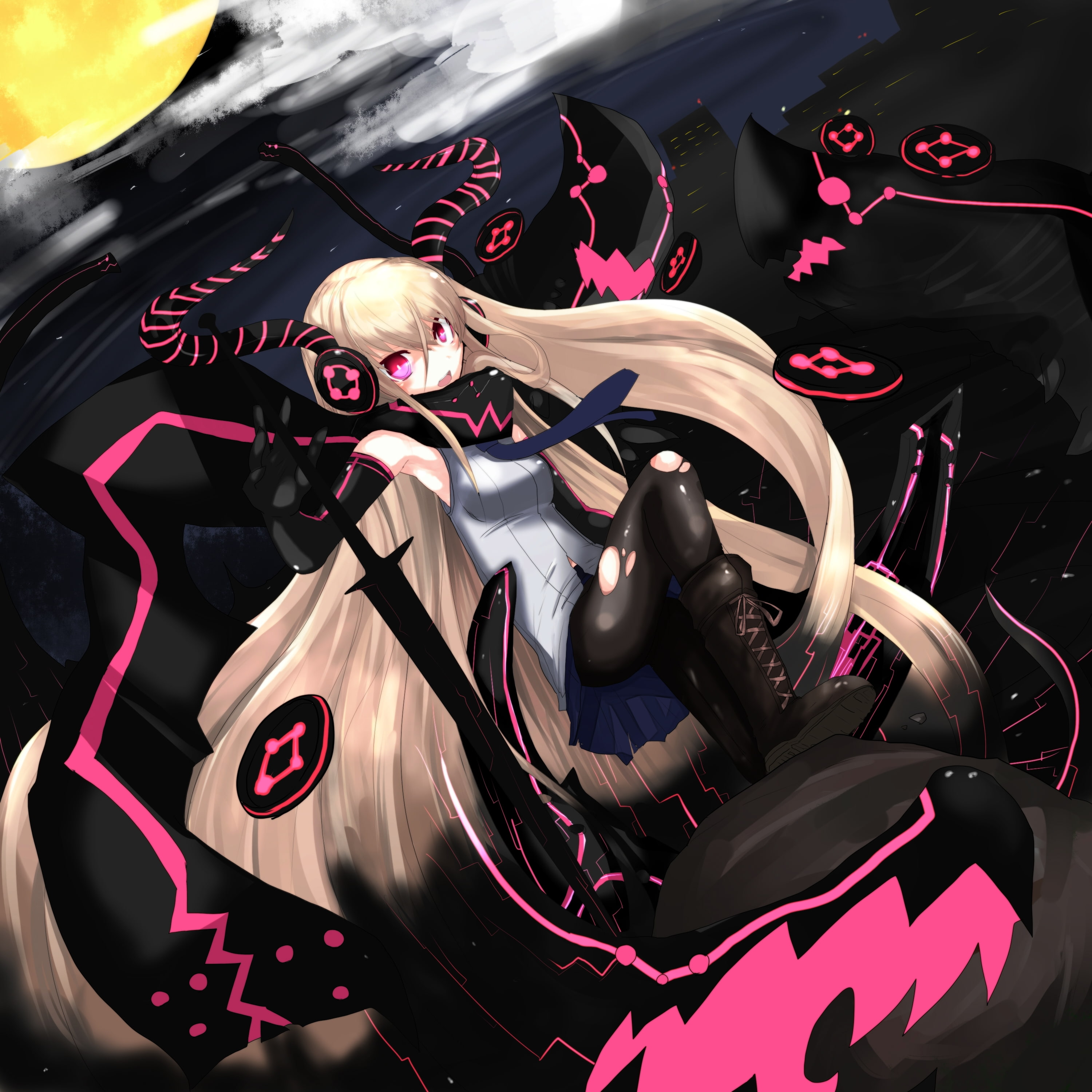 mjv, girl, pixiv, hair, people, long, shadow, pantyhose, torn, org, x, art, hd, 2K, Phone HD Wallpaper