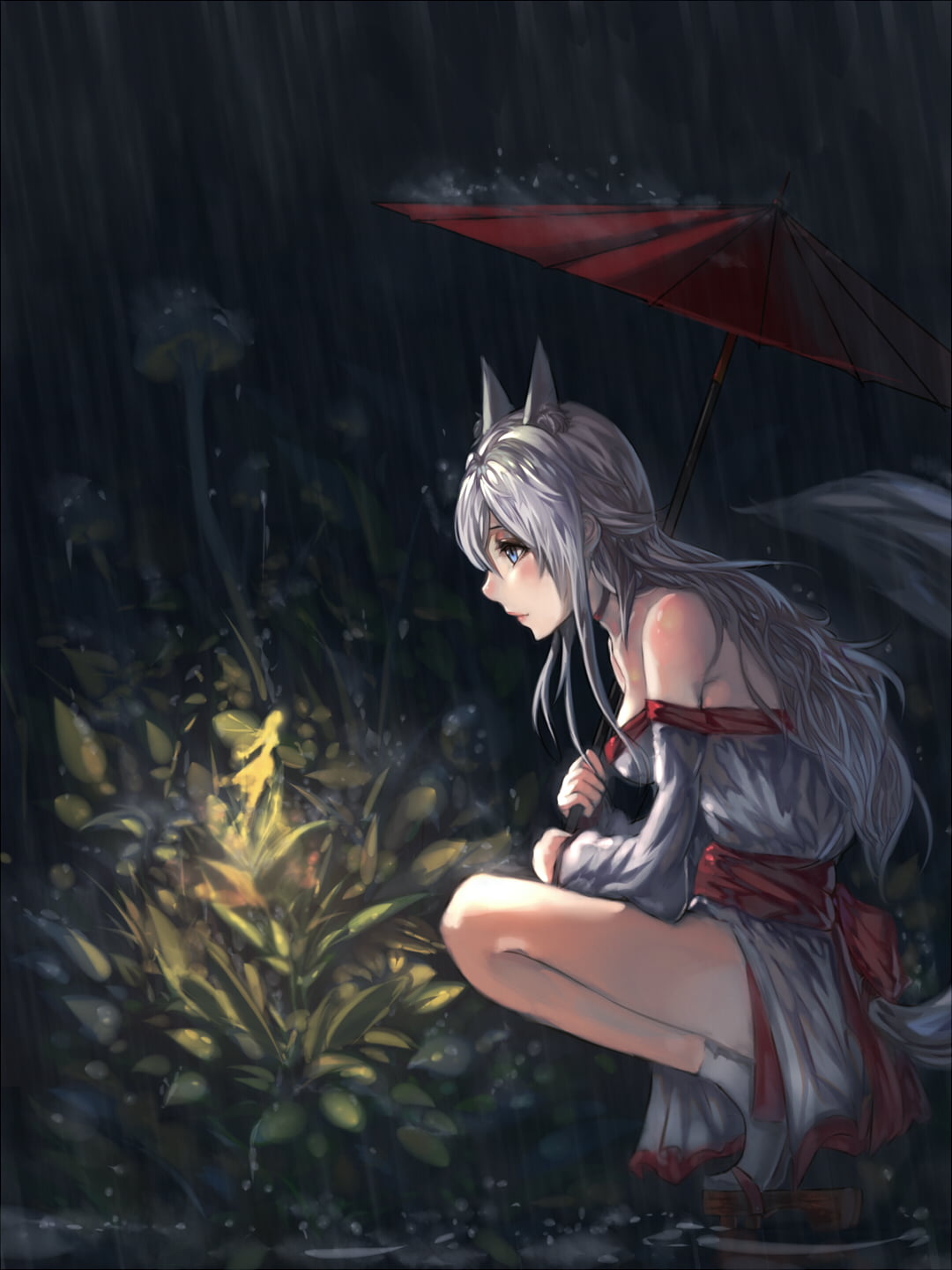 anime, umbrella, 720P, fox girl, Kuroduki, anime girls, rain, Phone HD Wallpaper
