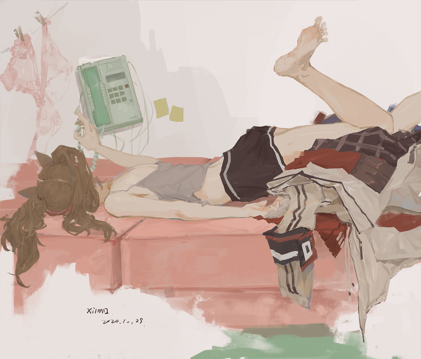 anime girls, 720P, Angelina(Arknights), XilmO, in sofa, telephone, anime, Arknights, HD Wallpaper