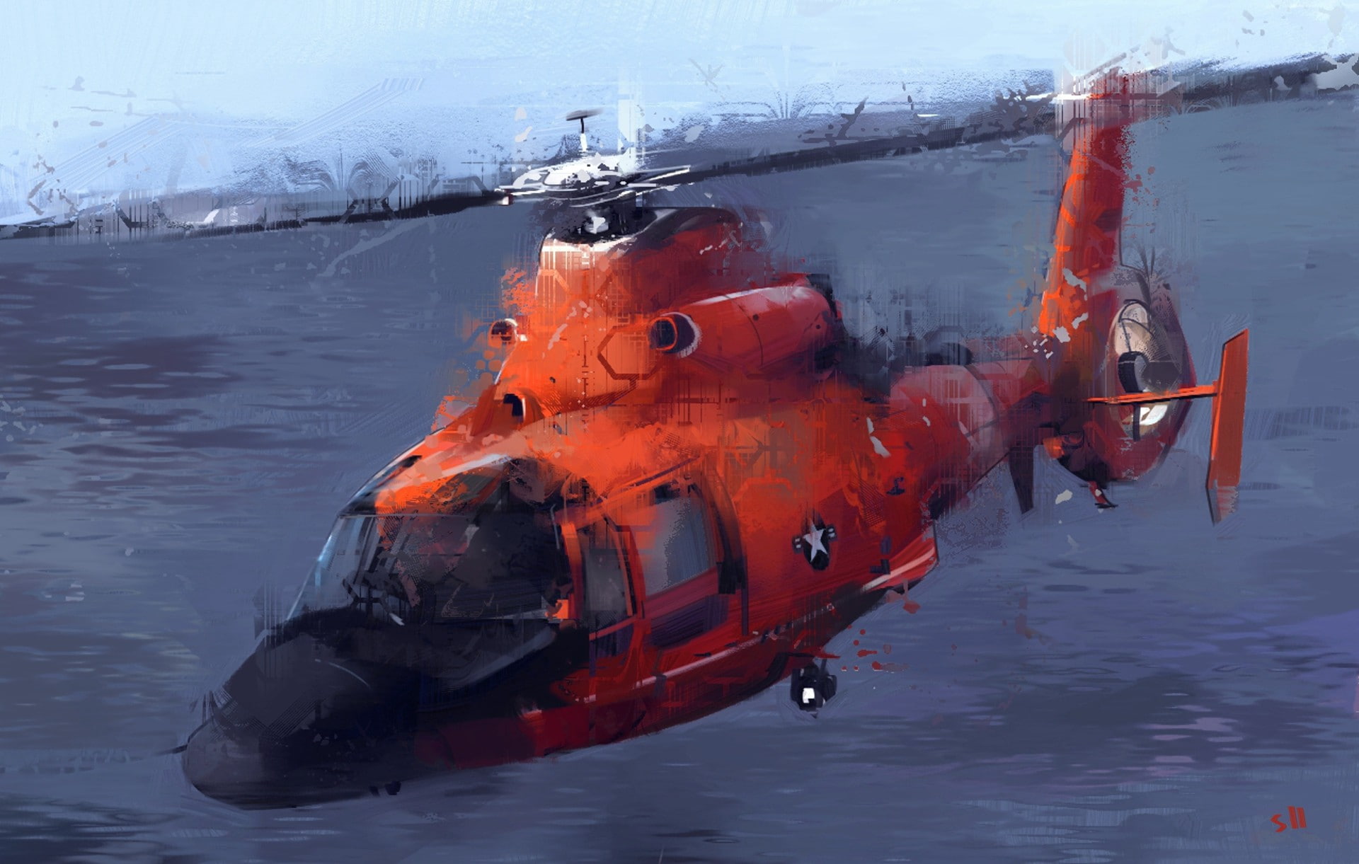 helicopters, outdoors, water, painting, reflection, accidents and disasters, vehicle, ship, 2D, no people, 1080P, sea, motion, red, illustration, transportation, HD Wallpaper