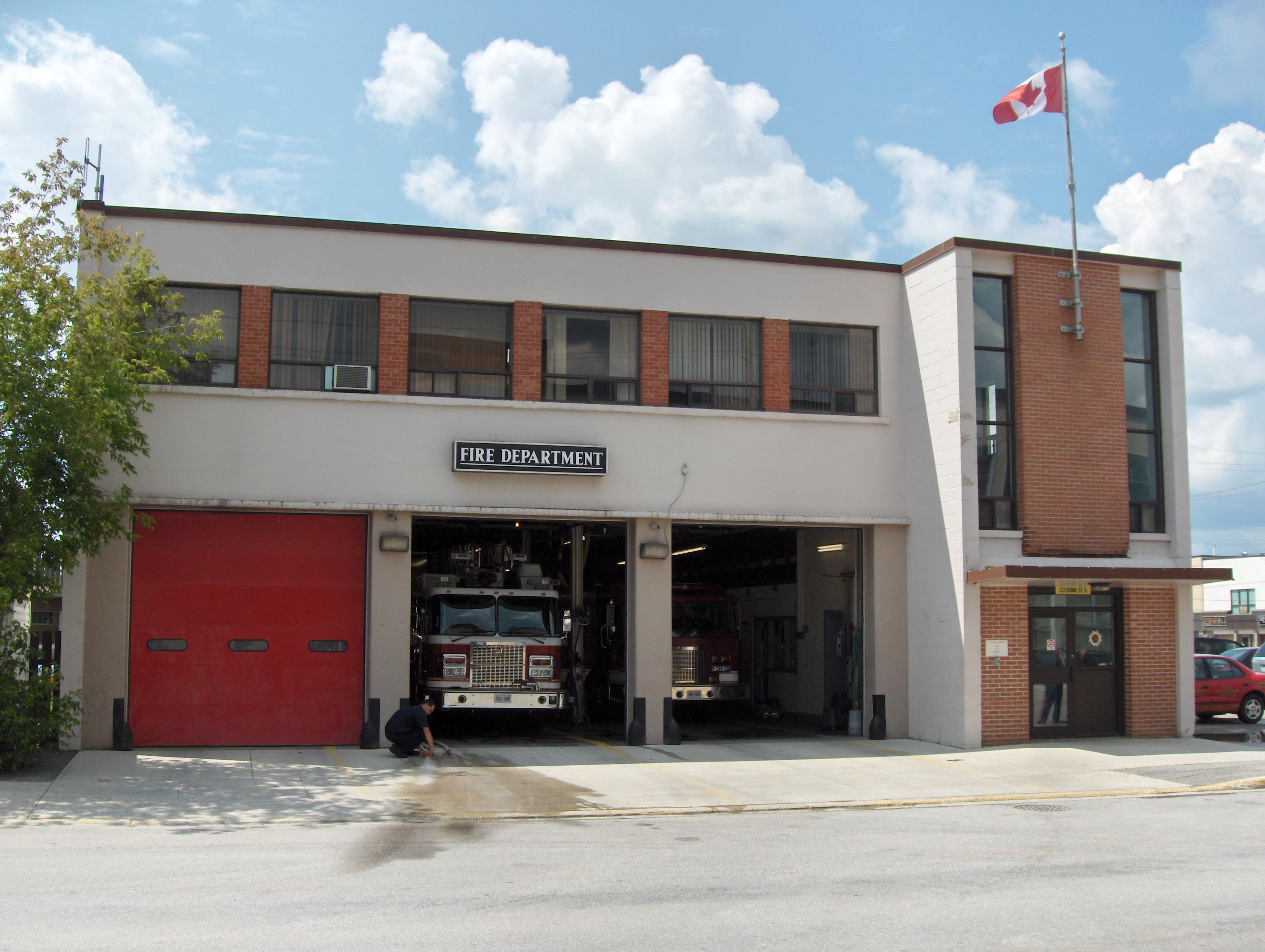 flag, store, entrance, street, fire, Ontario, mode of transportation, sunlight, no people, department, sky, city, communication, red, western script, fire department, HD Wallpaper