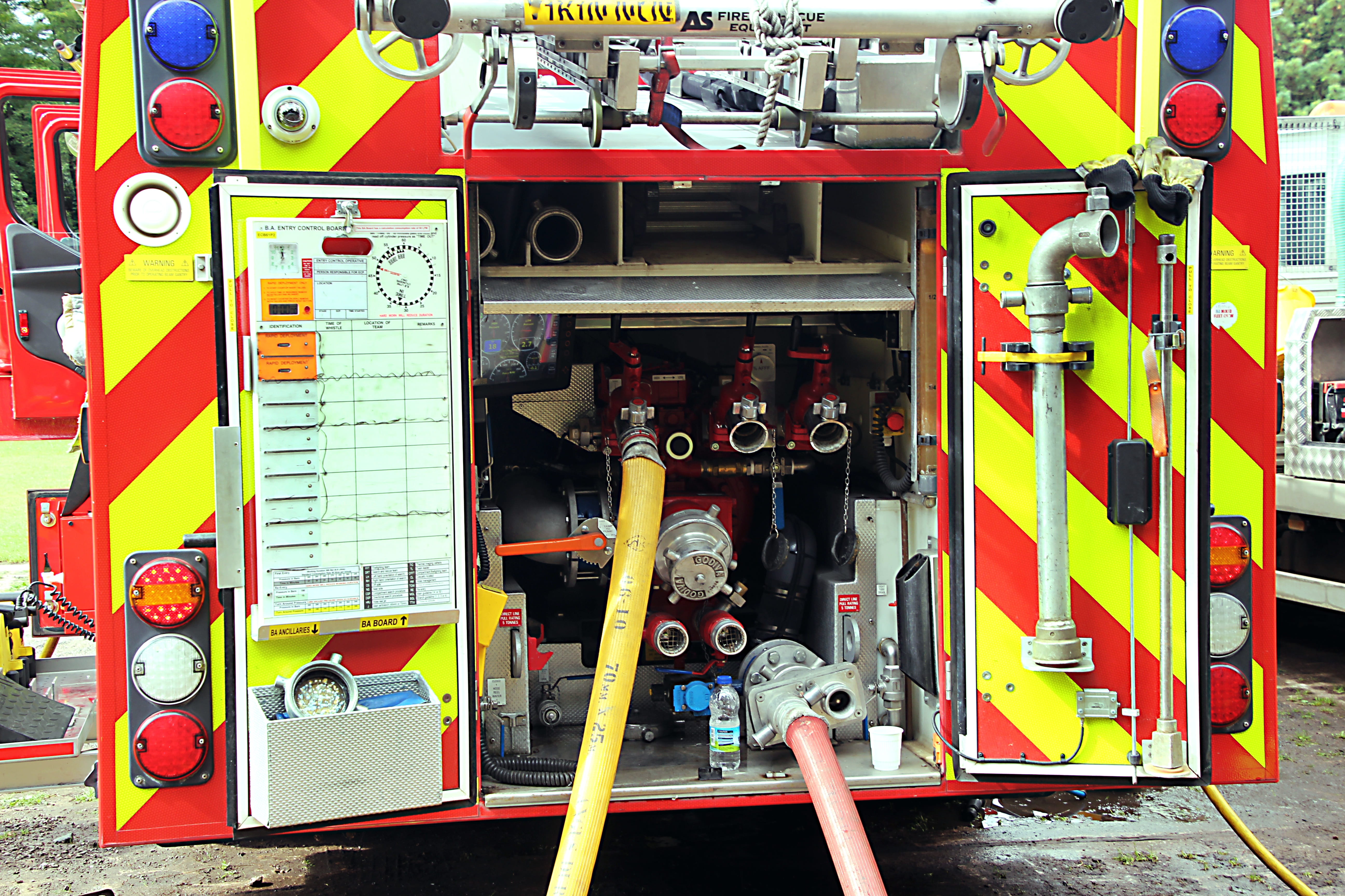 firetruck, red, transportation, engine, emergency, fire hose, machinery, close-up, danger, assistance, pipe - tube, day, pump, truck, control, machine valve, HD Wallpaper