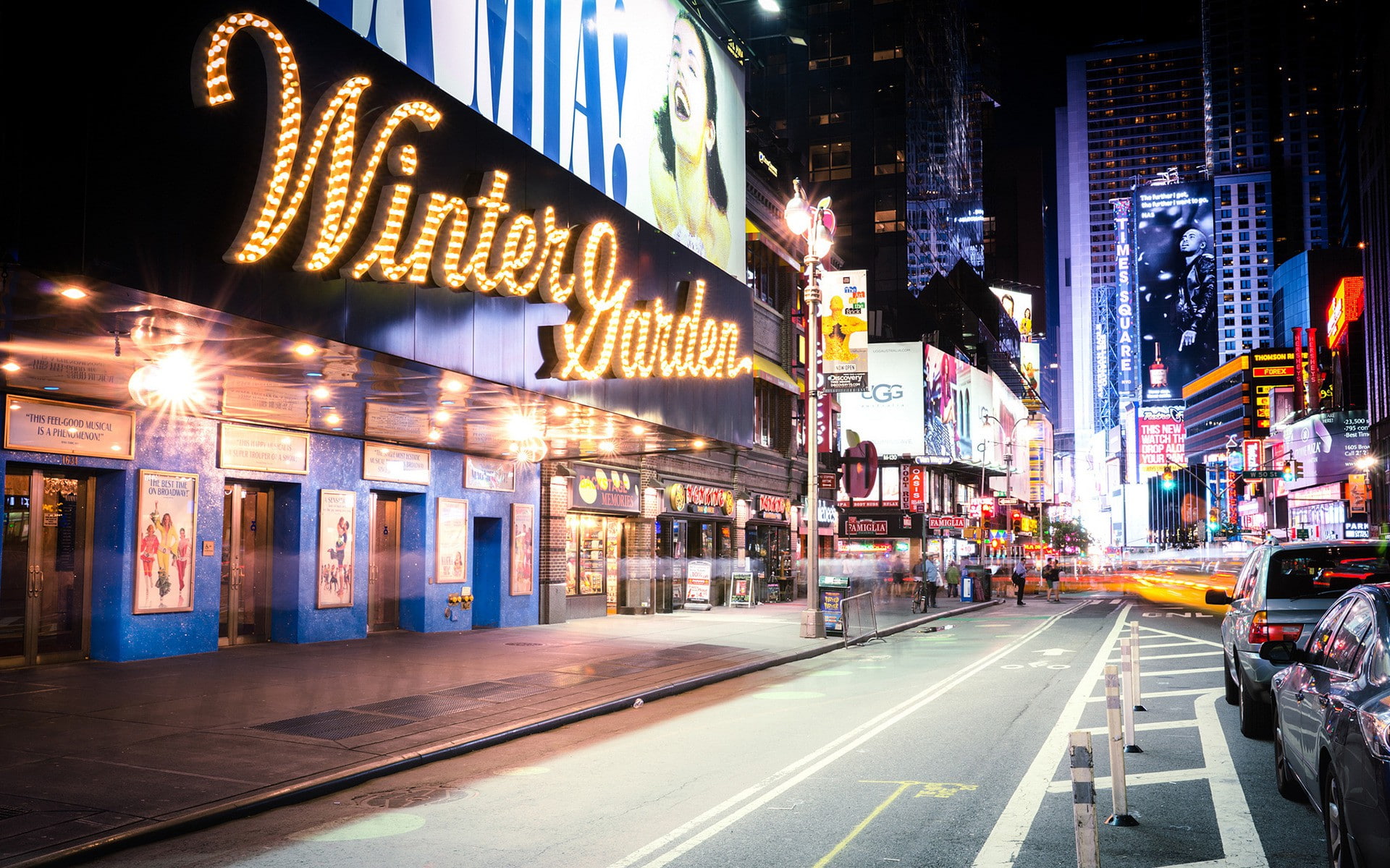 signs, garden, the street lights, york, Skyscrapers, winter, theatre, 1080P, USA, New York City, Winter Garden Theatre, city, new, HD Wallpaper